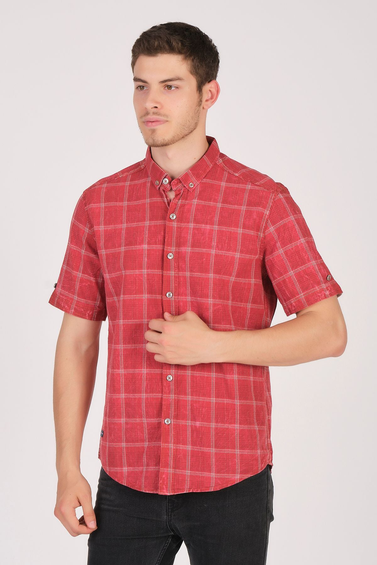 Kısa Kol Slim Fit Ekoseli Gömlek