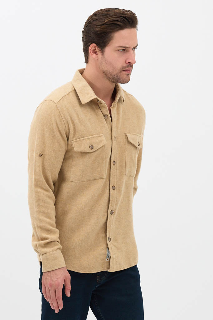 Erkek Rahat Kesim Spor Yaka Oduncu Flanel Çift Cep Kapaklı Kışlık Gömlek