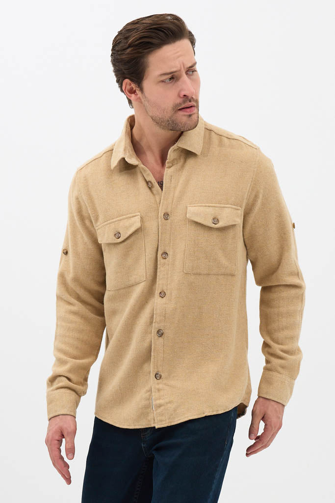 Erkek Rahat Kesim Spor Yaka Oduncu Flanel Çift Cep Kapaklı Kışlık Gömlek