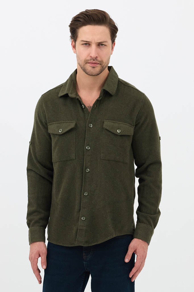 Erkek Rahat Kesim Spor Yaka Oduncu Flanel Çift Cep Kapaklı Kışlık Gömlek