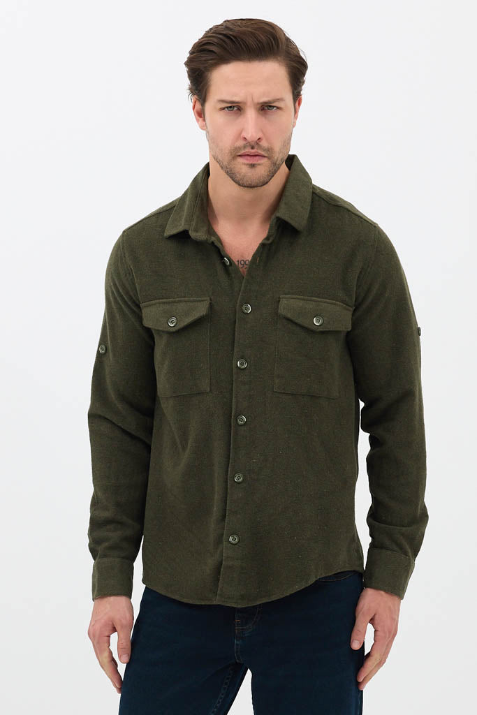 Erkek Rahat Kesim Spor Yaka Oduncu Flanel Çift Cep Kapaklı Kışlık Gömlek