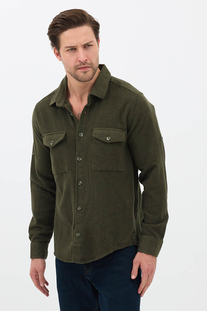 Erkek Rahat Kesim Spor Yaka Oduncu Flanel Çift Cep Kapaklı Kışlık Gömlek
