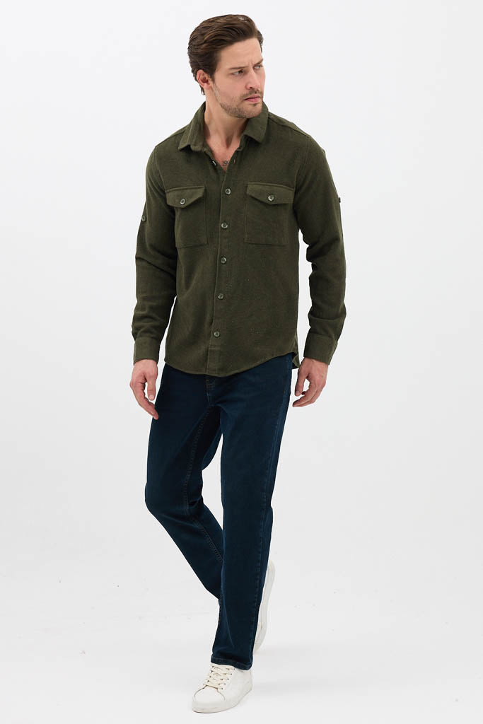 Erkek Rahat Kesim Spor Yaka Oduncu Flanel Çift Cep Kapaklı Kışlık Gömlek