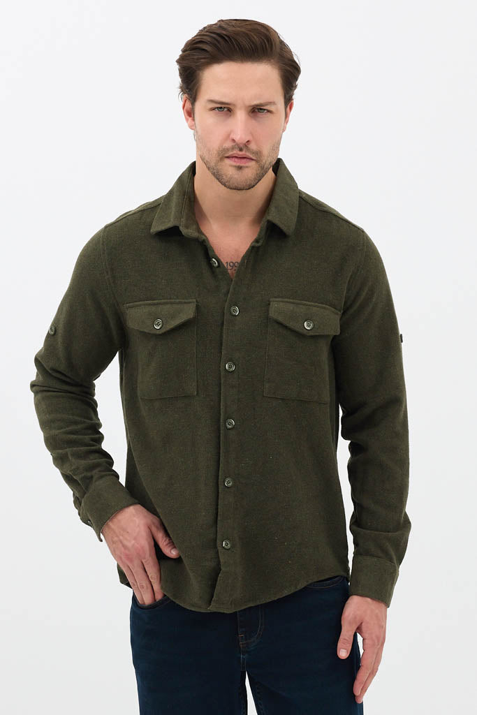 Erkek Rahat Kesim Spor Yaka Oduncu Flanel Çift Cep Kapaklı Kışlık Gömlek