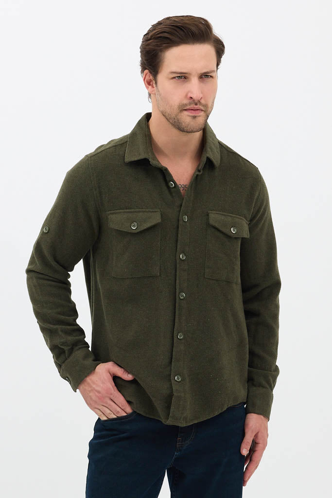 Erkek Rahat Kesim Spor Yaka Oduncu Flanel Çift Cep Kapaklı Kışlık Gömlek