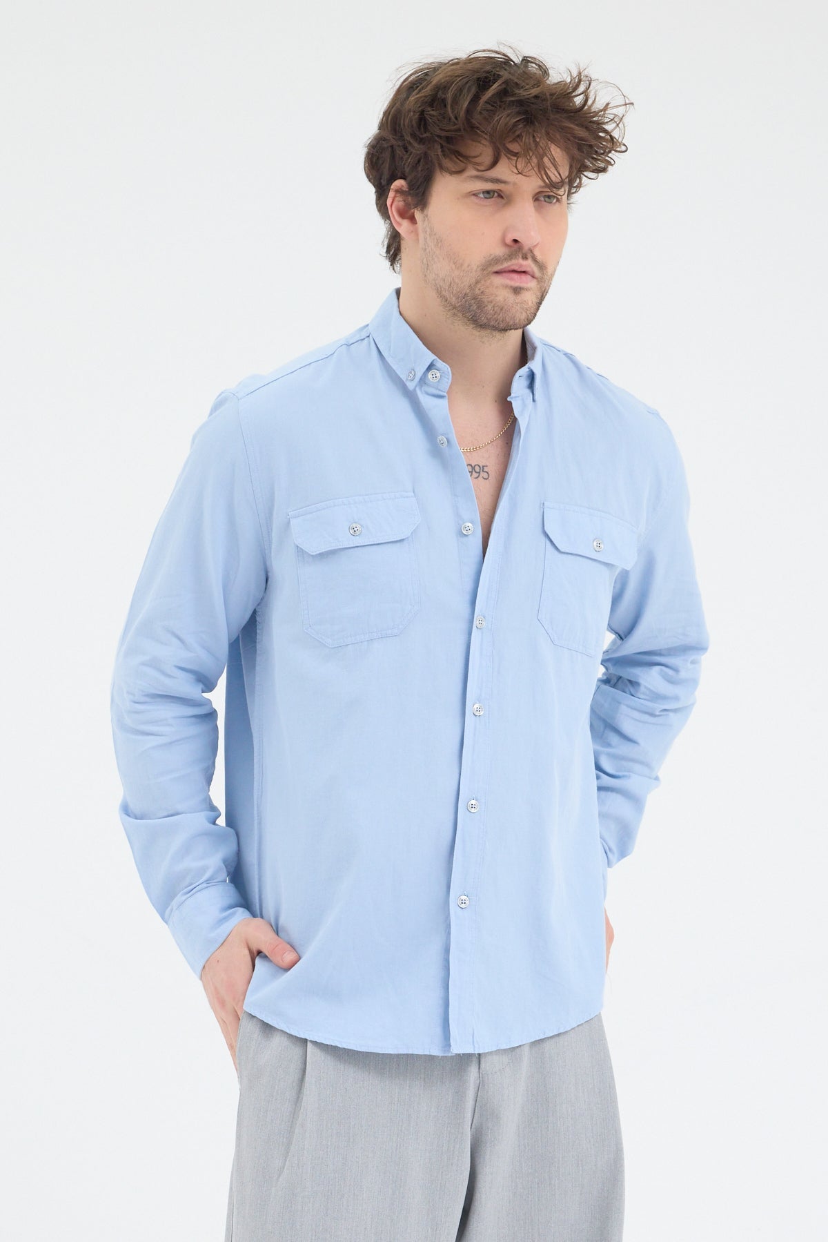 Cosplay %100 Pamuklu Çift Kapaklı Cepli Relax Fit Uzun Kollu Erkek Gömlek Cosplay