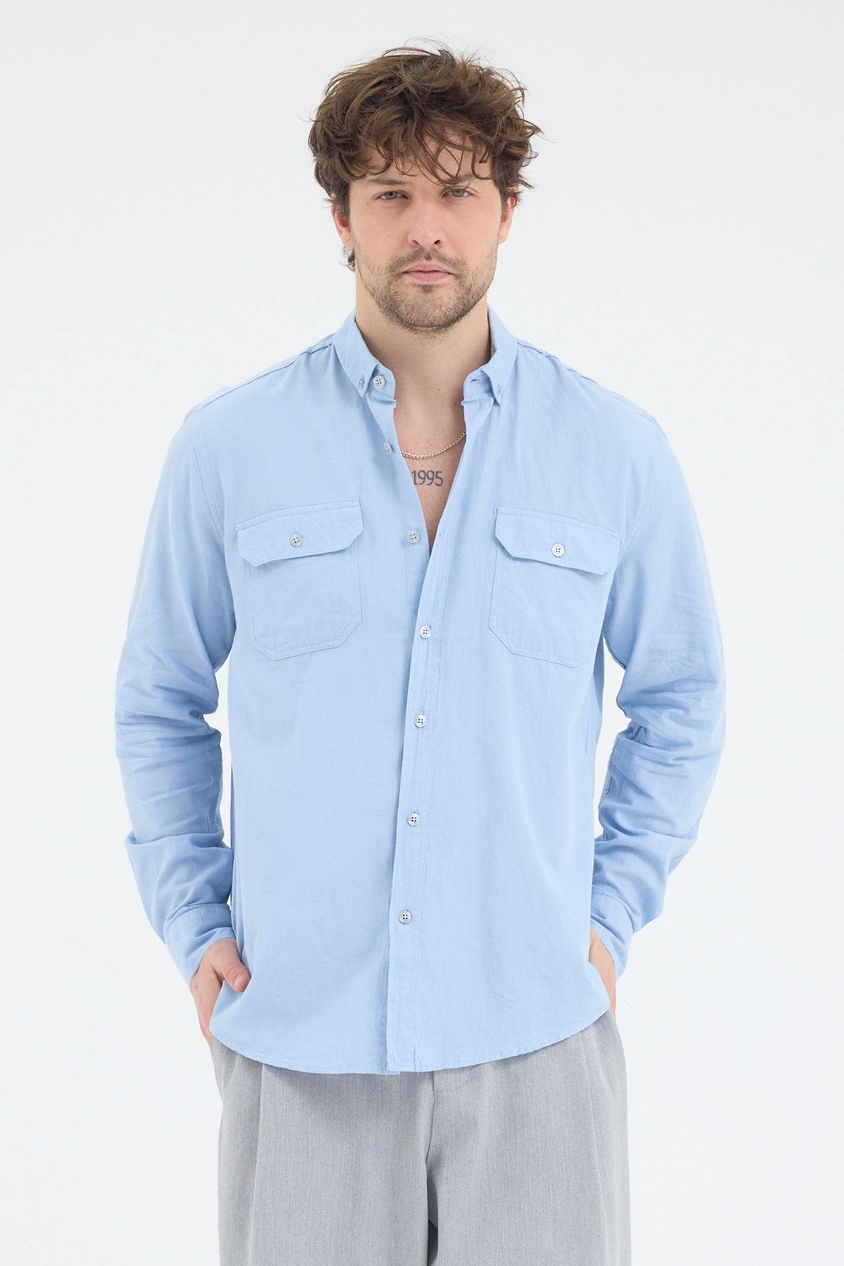 Cosplay %100 Pamuklu Çift Kapaklı Cepli Relax Fit Uzun Kollu Erkek Gömlek Cosplay