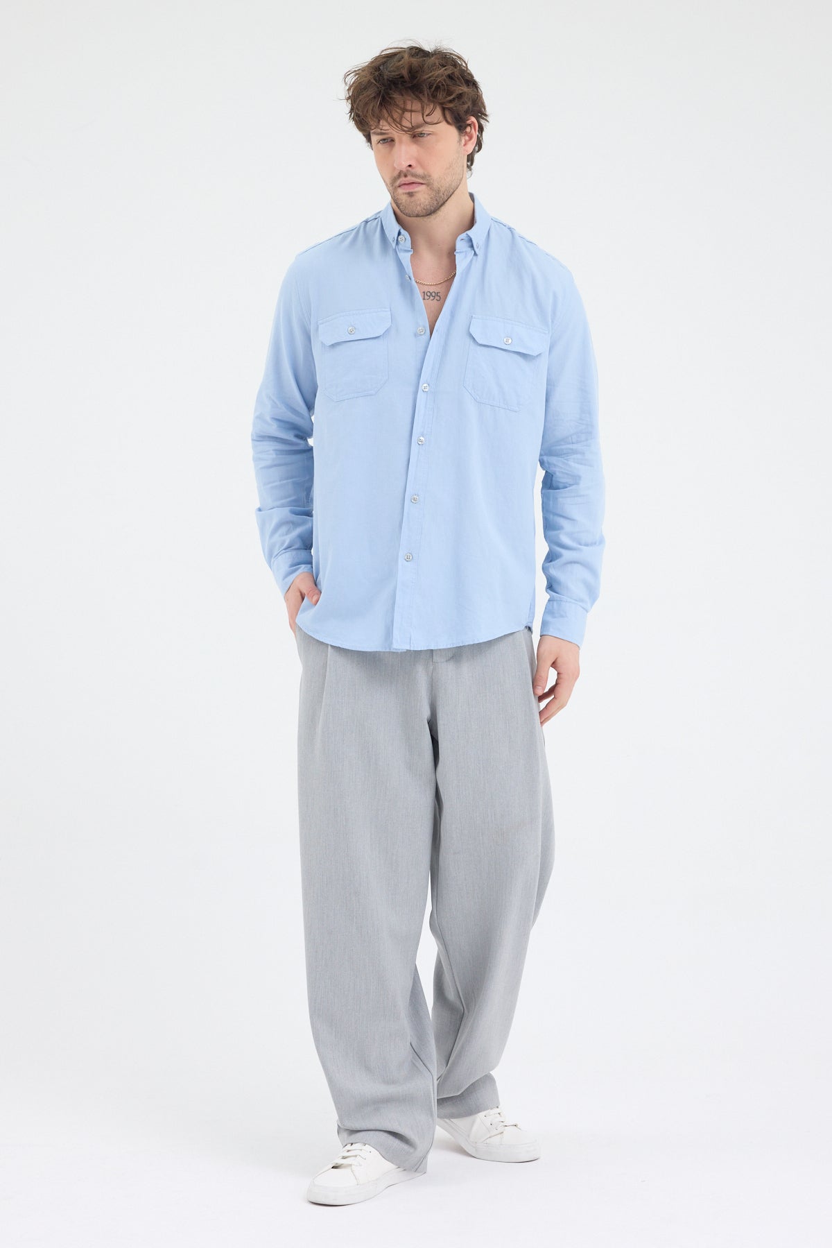 Cosplay %100 Pamuklu Çift Kapaklı Cepli Relax Fit Uzun Kollu Erkek Gömlek Cosplay