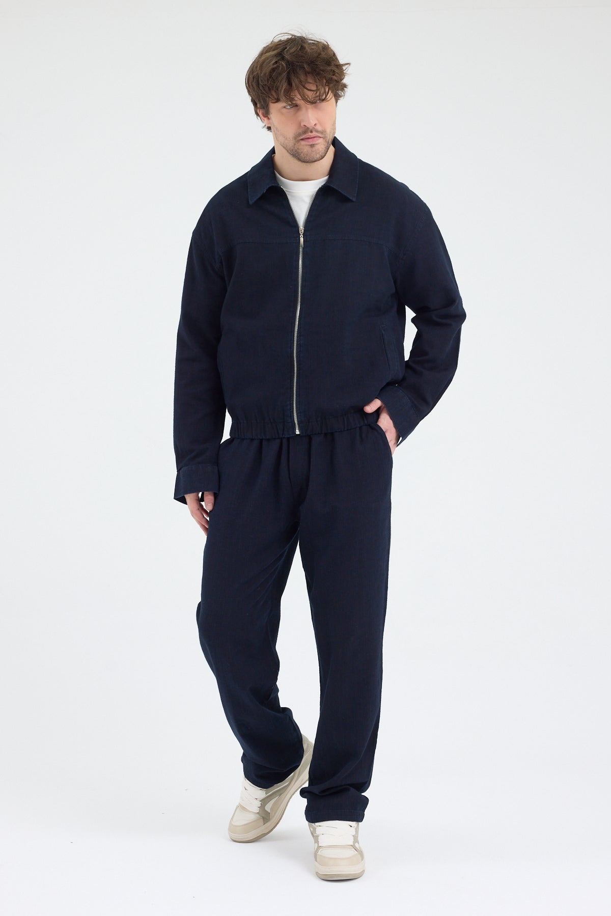 Erkek Lacivert %100 Pamuk Fermuarlı İnce Ceket Relax Fit Rahat Kesim Cosplay