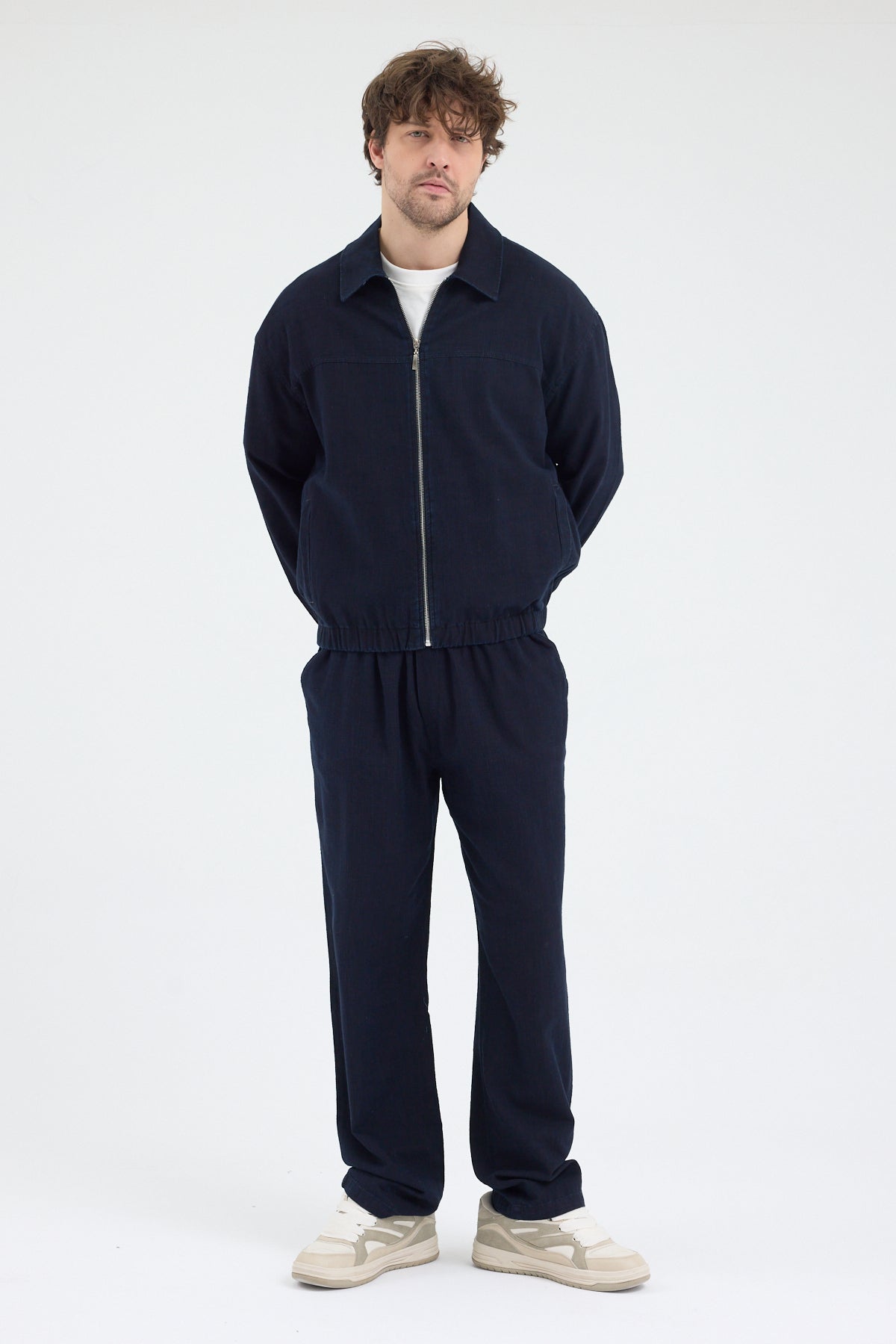 Erkek Lacivert %100 Pamuk Fermuarlı İnce Ceket Relax Fit Rahat Kesim Cosplay