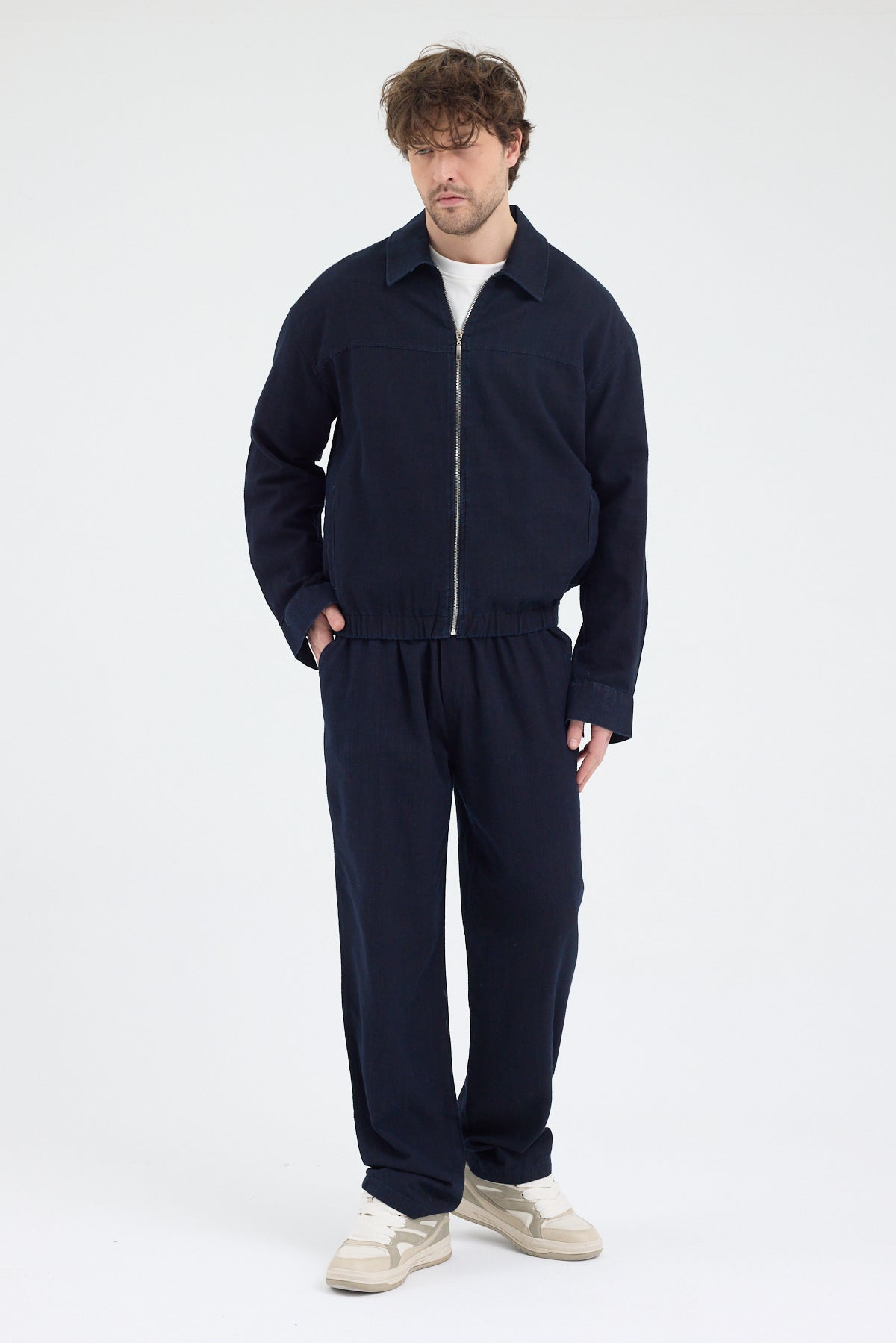 Erkek Lacivert %100 Pamuk Fermuarlı İnce Ceket Relax Fit Rahat Kesim Cosplay