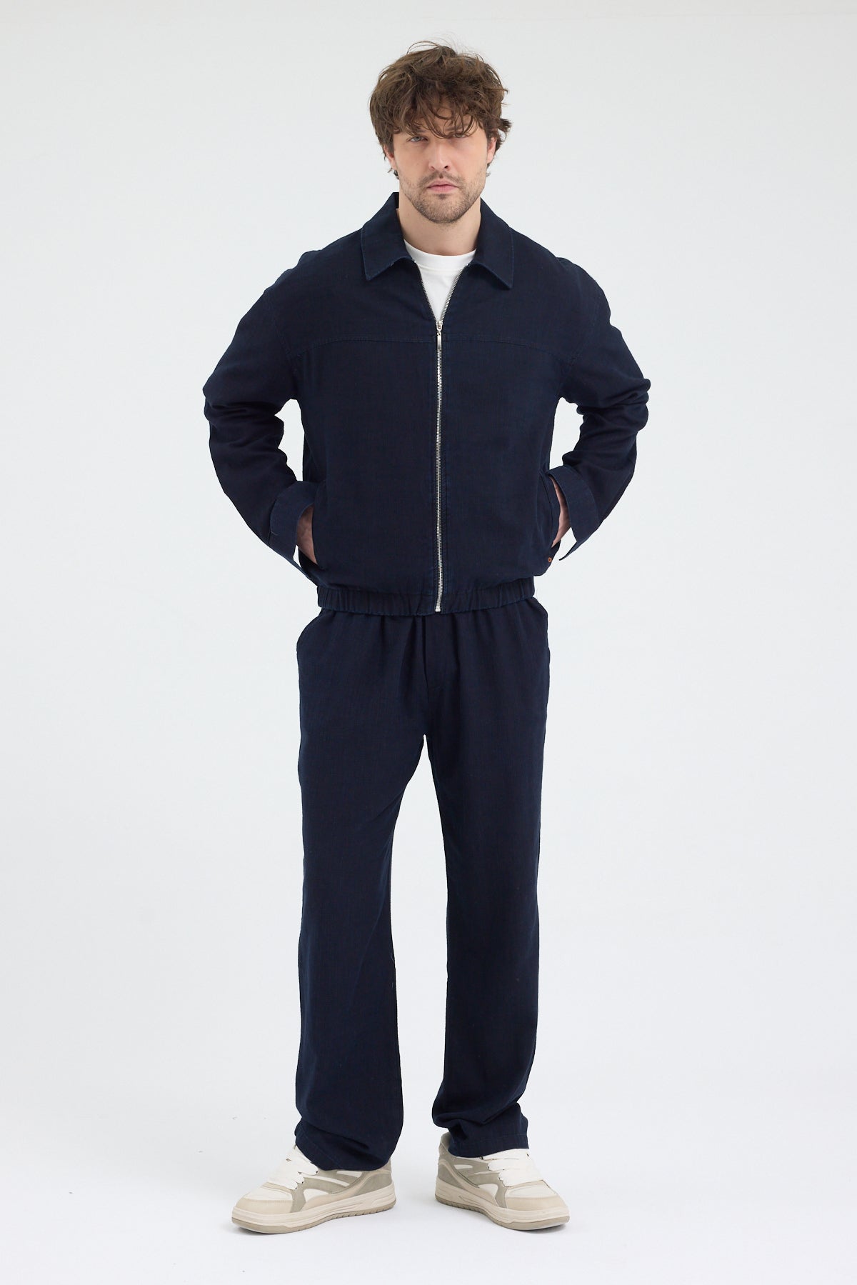 Erkek Lacivert %100 Pamuk Fermuarlı İnce Ceket Relax Fit Rahat Kesim Cosplay