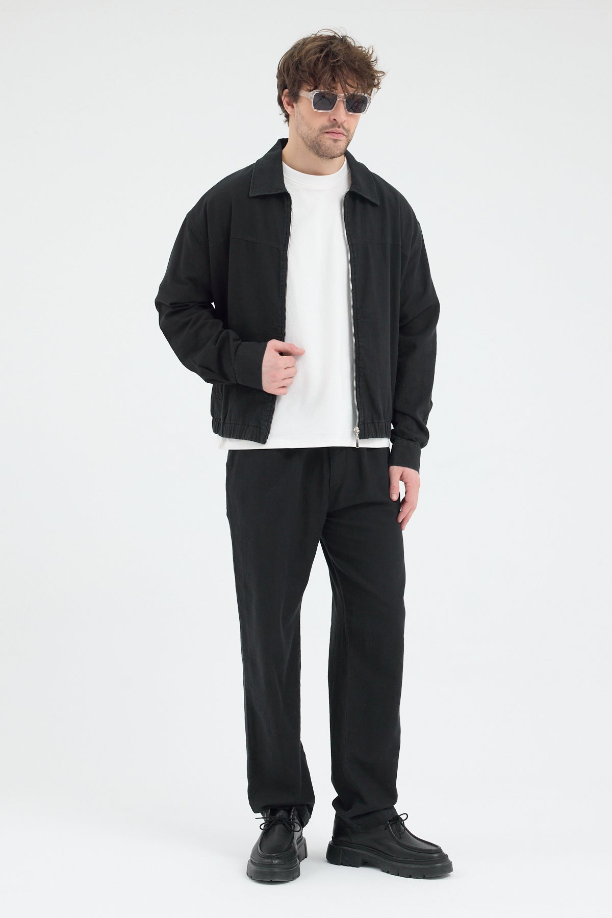 Erkek Lacivert %100 Pamuk Fermuarlı İnce Ceket Relax Fit Rahat Kesim Cosplay