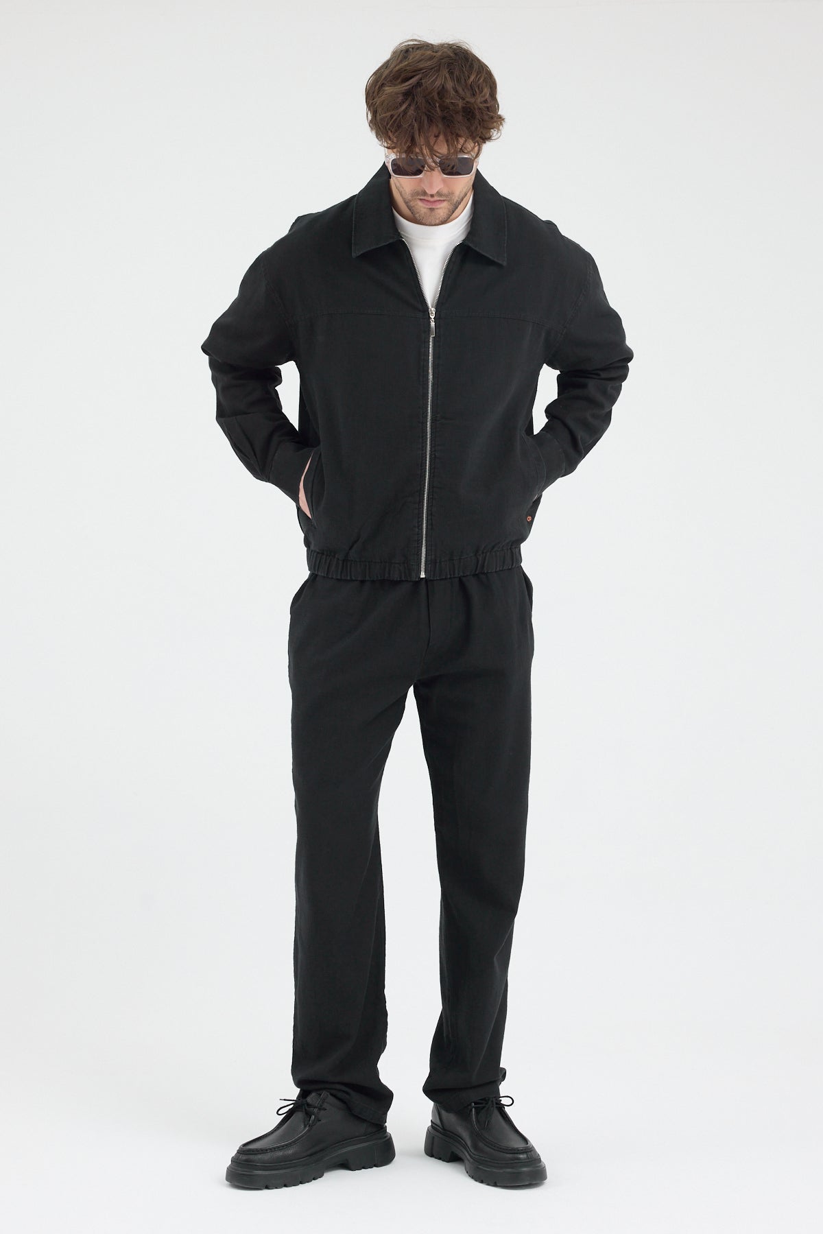 Erkek Lacivert %100 Pamuk Fermuarlı İnce Ceket Relax Fit Rahat Kesim Cosplay