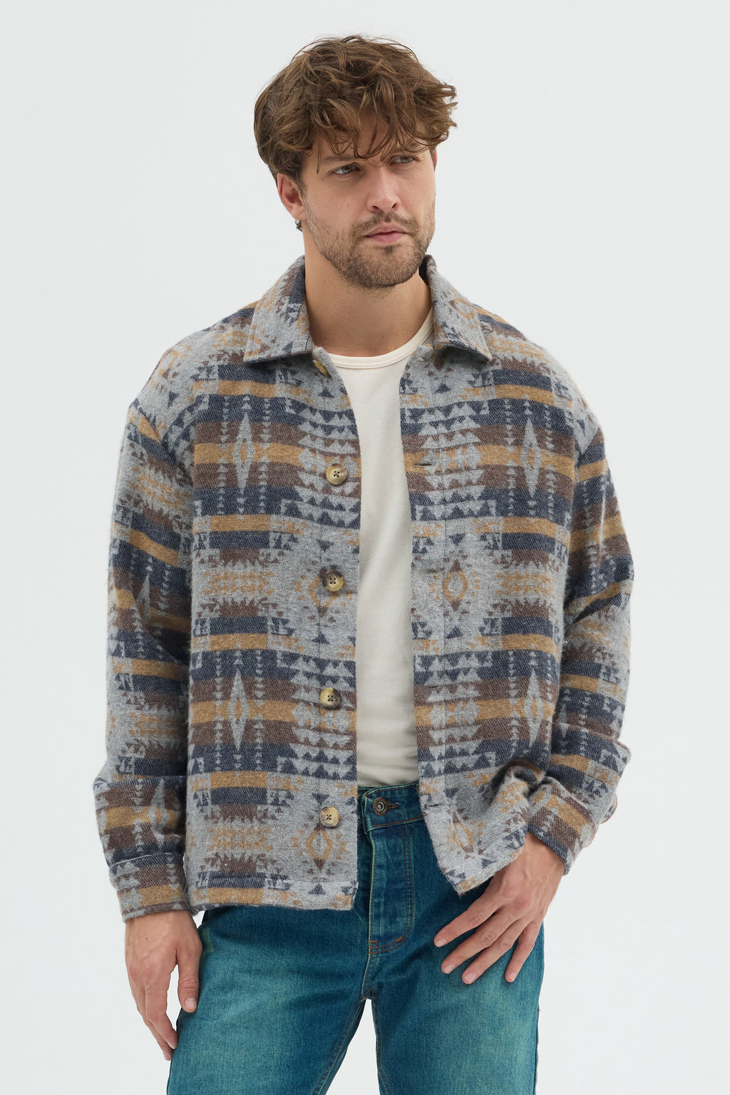 Steppe Rider Erkek Oversize Rahat Kesim Bej Etnik Kilim Desenli Kalın Ceket Gömlek Overshirt