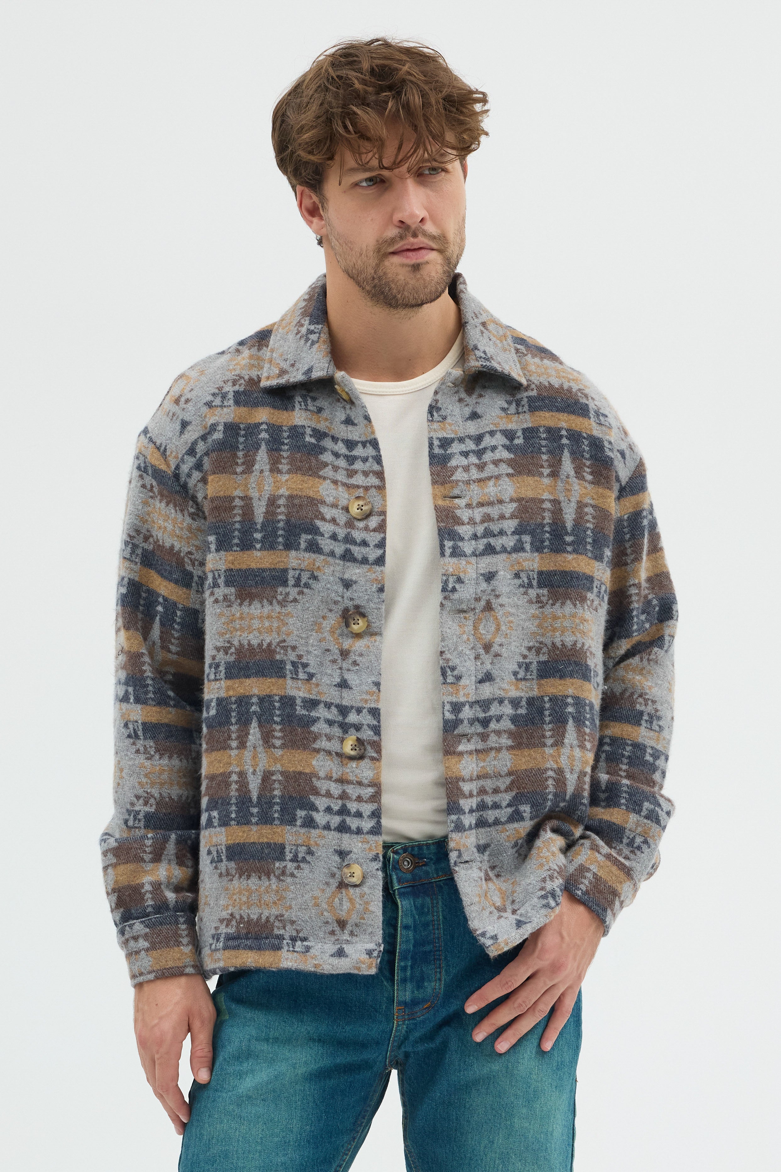 Steppe Rider Erkek Oversize Rahat Kesim Bej Etnik Kilim Desenli Kalın Ceket Gömlek Overshirt