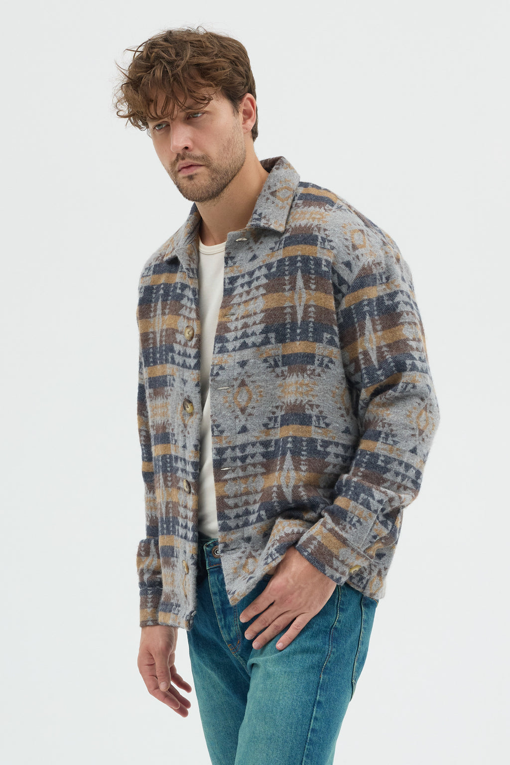 Steppe Rider Erkek Oversize Rahat Kesim Bej Etnik Kilim Desenli Kalın Ceket Gömlek Overshirt