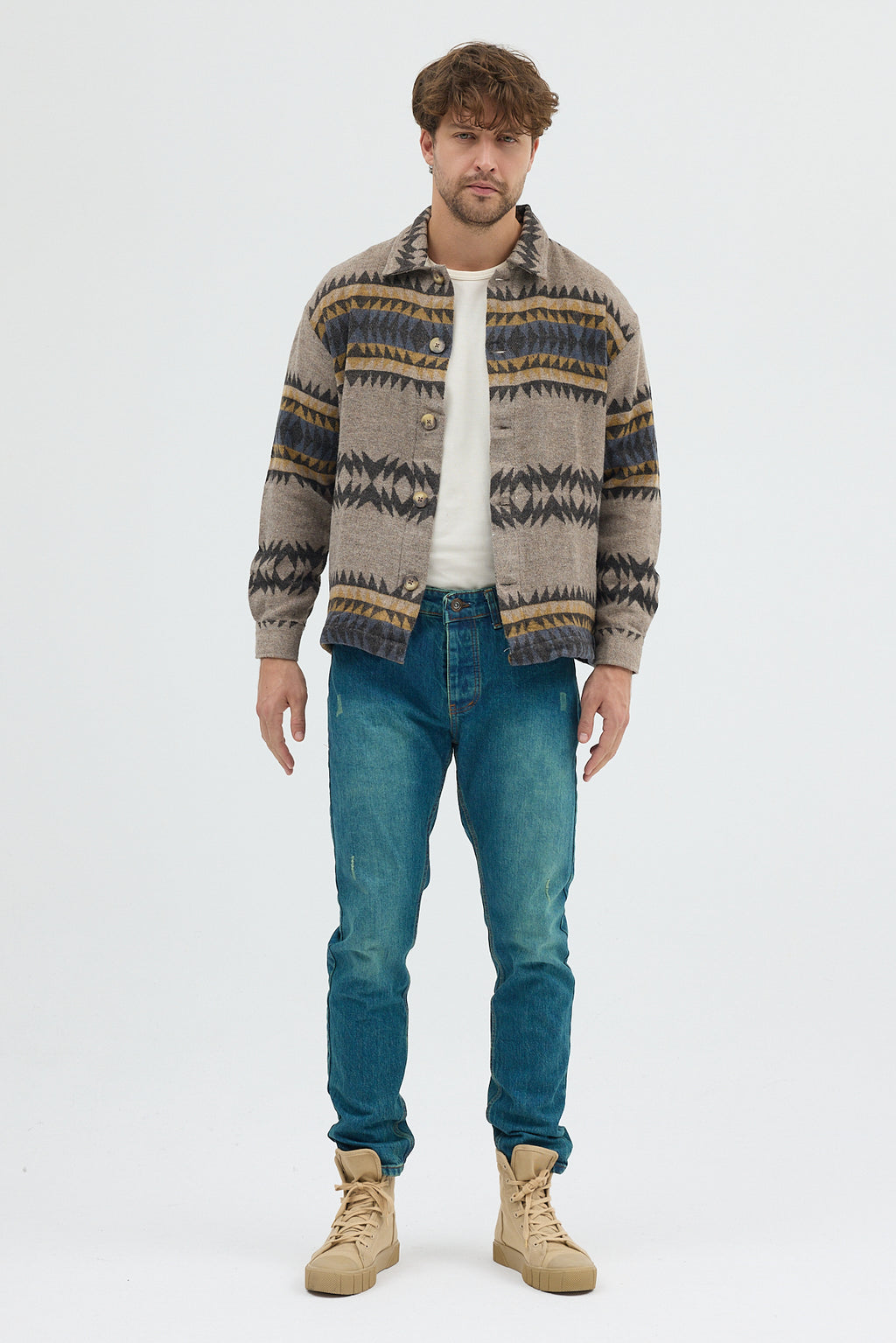 Steppe Rider Erkek Oversize Kalın Kışlık Etnik Kilim Desenli Ceket Gömlek Overshirt