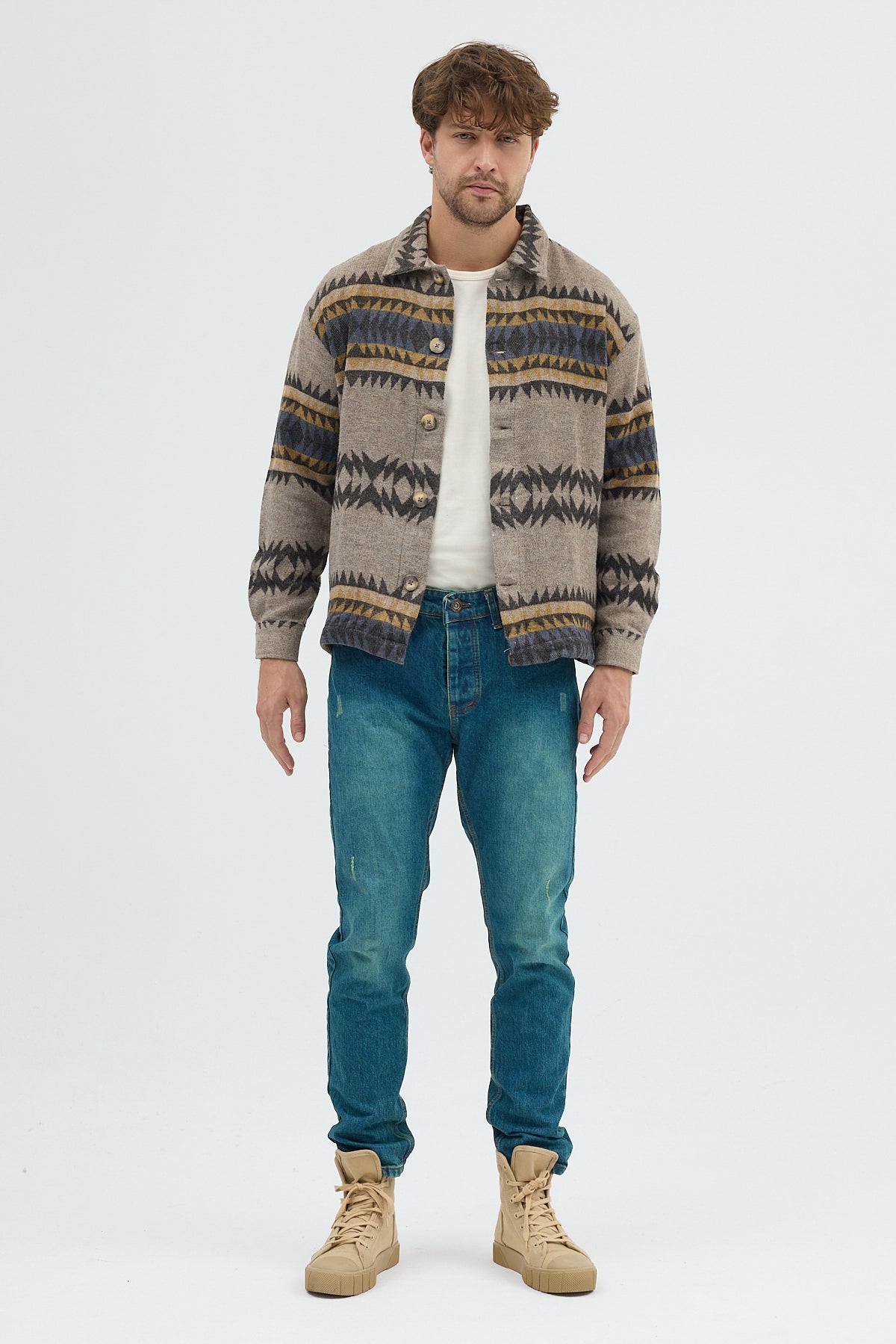 Steppe Rider Erkek Oversize Kalın Kışlık Etnik Kilim Desenli Ceket Gömlek Overshirt