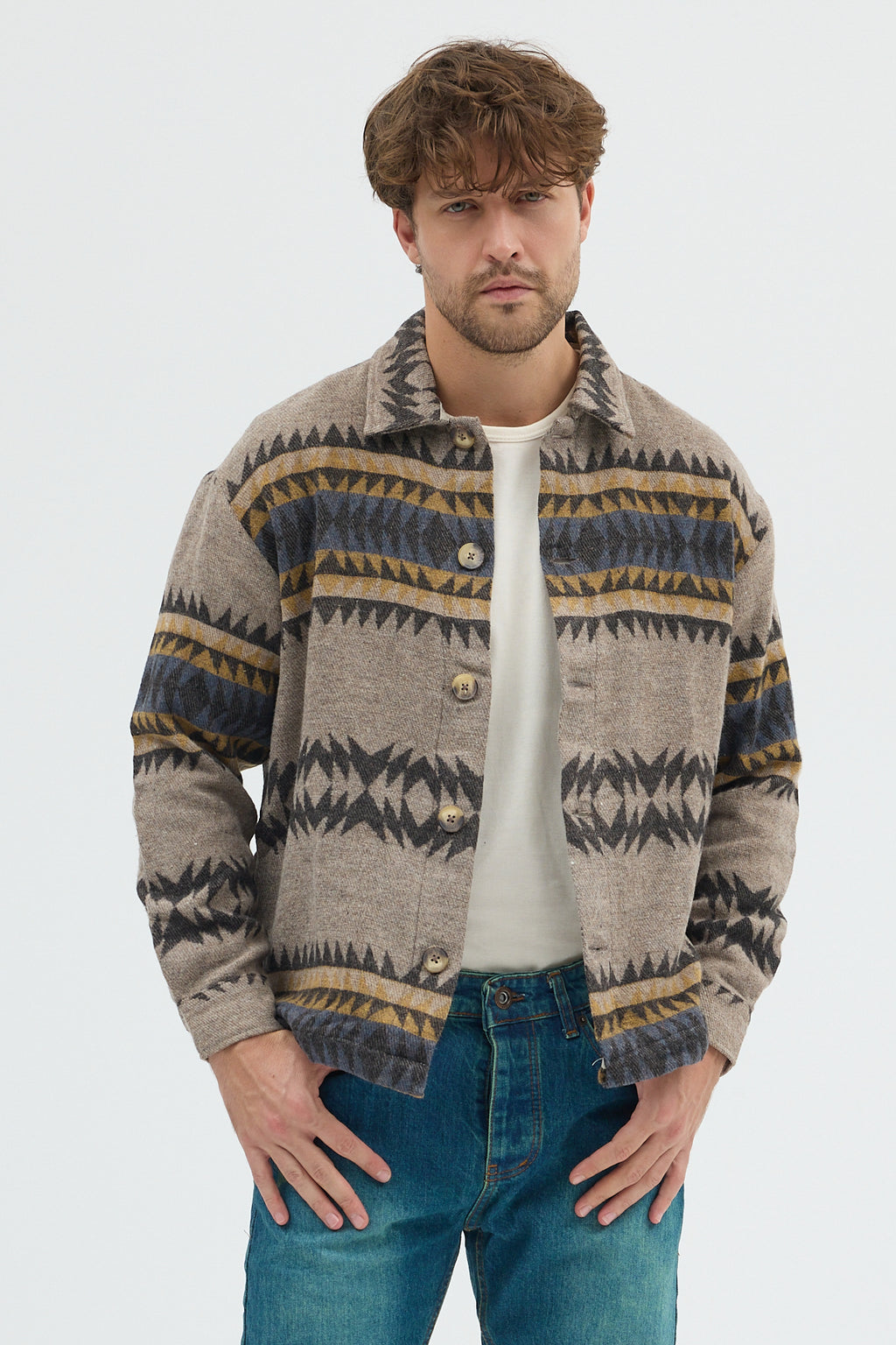 Steppe Rider Erkek Oversize Kalın Kışlık Etnik Kilim Desenli Ceket Gömlek Overshirt