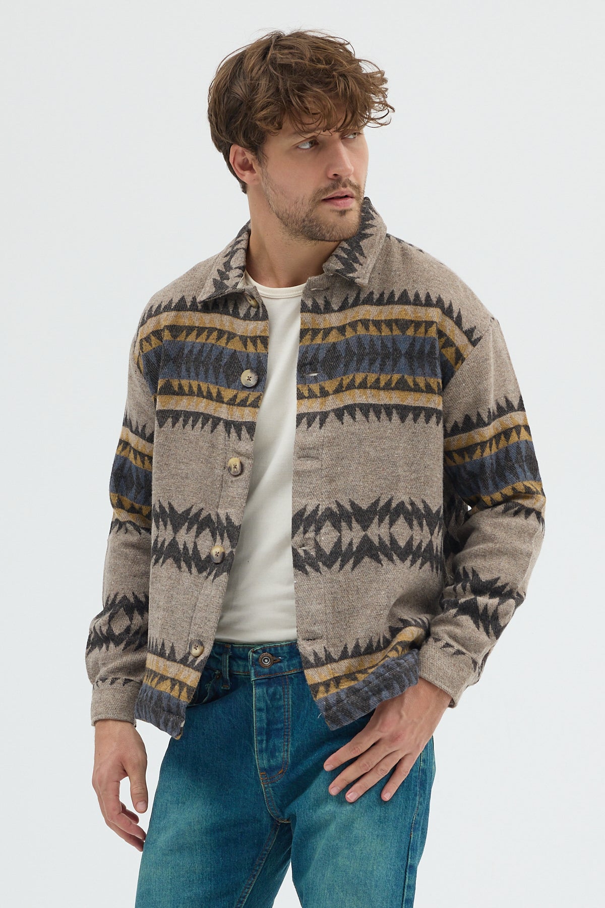 Steppe Rider Erkek Oversize Kalın Kışlık Etnik Kilim Desenli Ceket Gömlek Overshirt