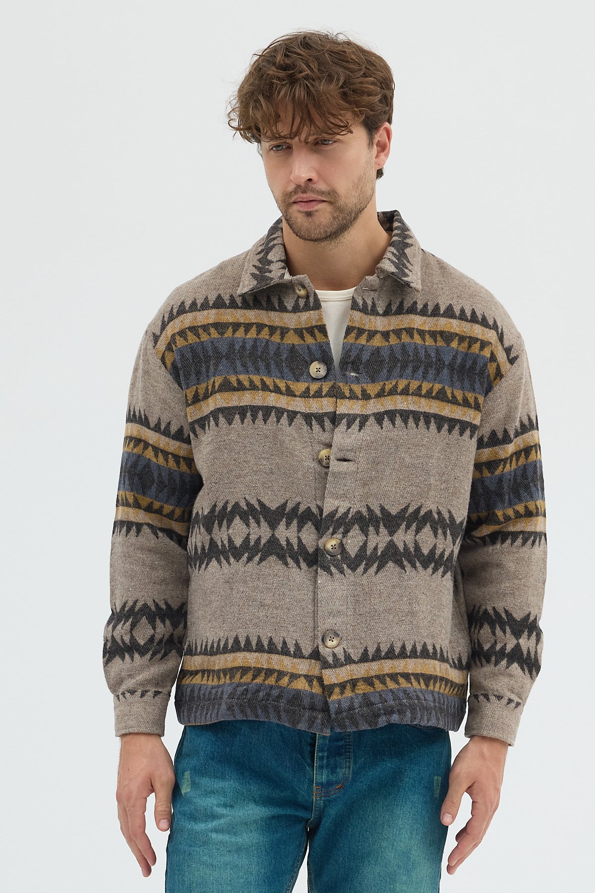 Steppe Rider Erkek Oversize Kalın Kışlık Etnik Kilim Desenli Ceket Gömlek Overshirt