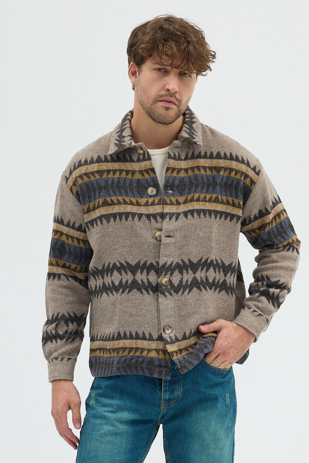 Steppe Rider Erkek Oversize Kalın Kışlık Etnik Kilim Desenli Ceket Gömlek Overshirt