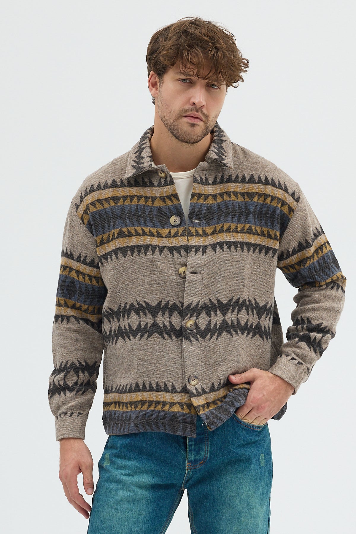 Steppe Rider Erkek Oversize Kalın Kışlık Etnik Kilim Desenli Ceket Gömlek Overshirt