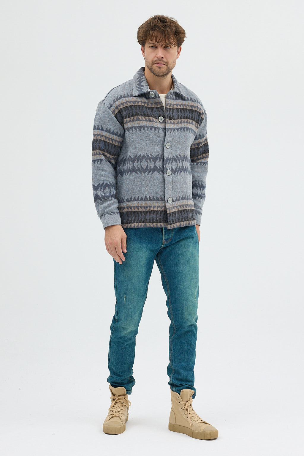 Steppe Rider Erkek Oversize Kalın Kışlık Etnik Kilim Desenli Ceket Gömlek Overshirt