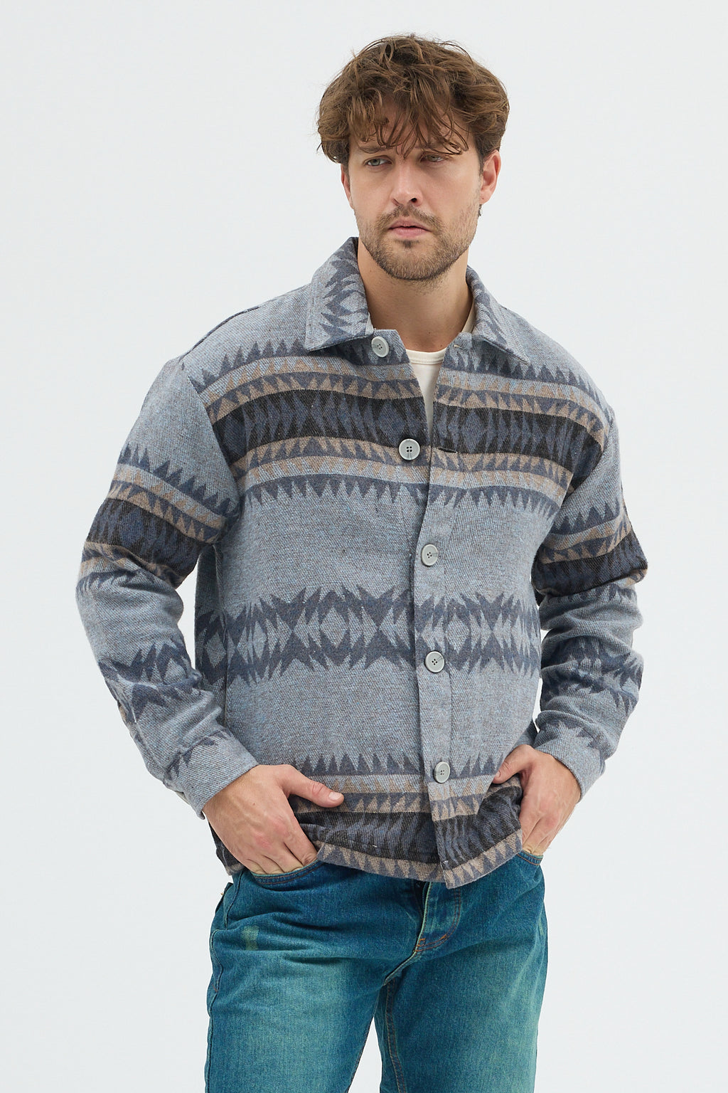 Steppe Rider Erkek Oversize Kalın Kışlık Etnik Kilim Desenli Ceket Gömlek Overshirt