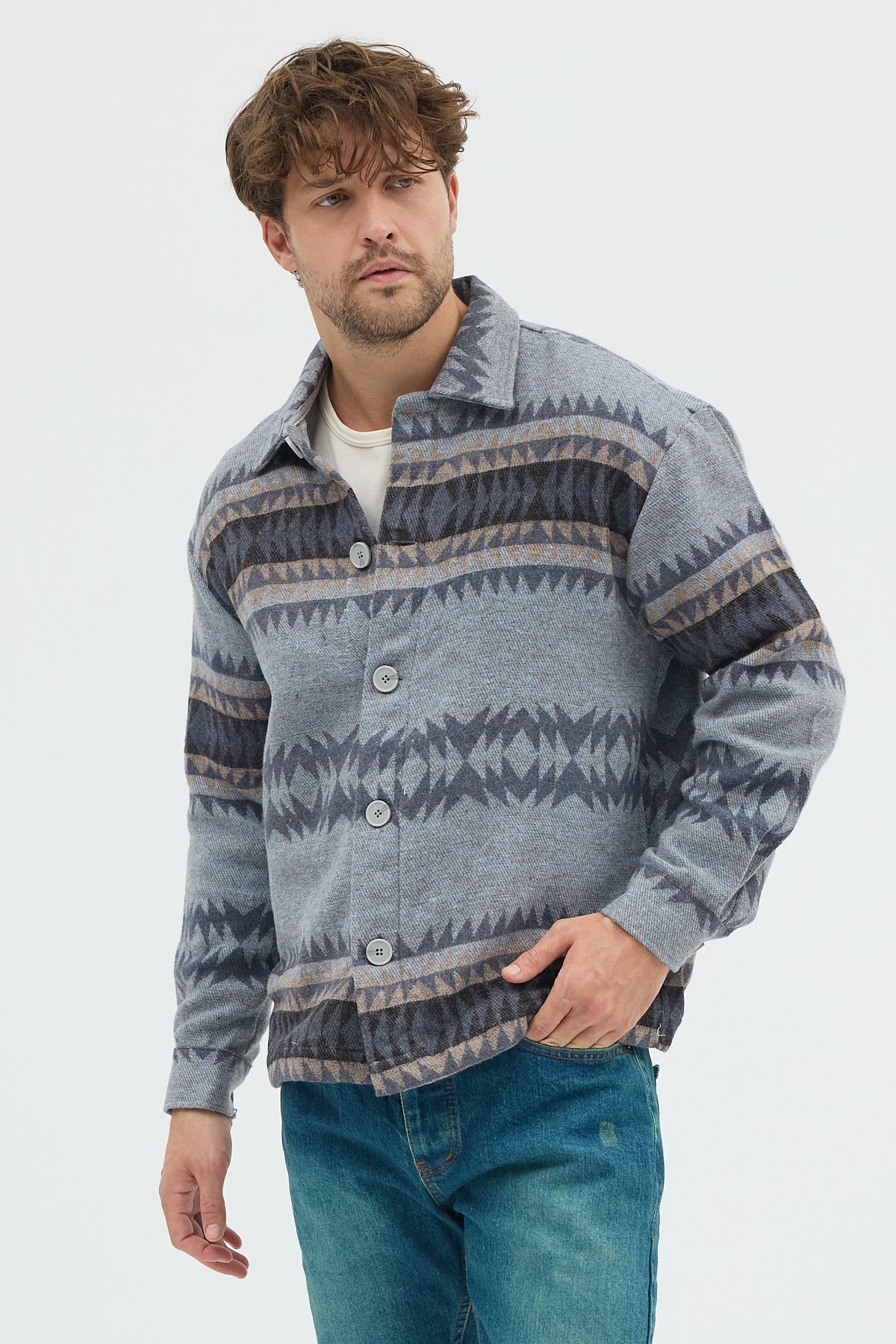 Steppe Rider Erkek Oversize Kalın Kışlık Etnik Kilim Desenli Ceket Gömlek Overshirt