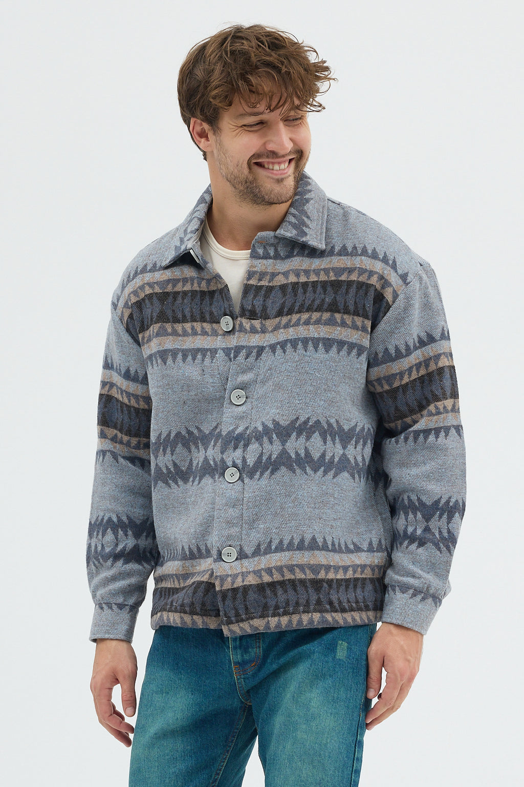 Steppe Rider Erkek Oversize Kalın Kışlık Etnik Kilim Desenli Ceket Gömlek Overshirt