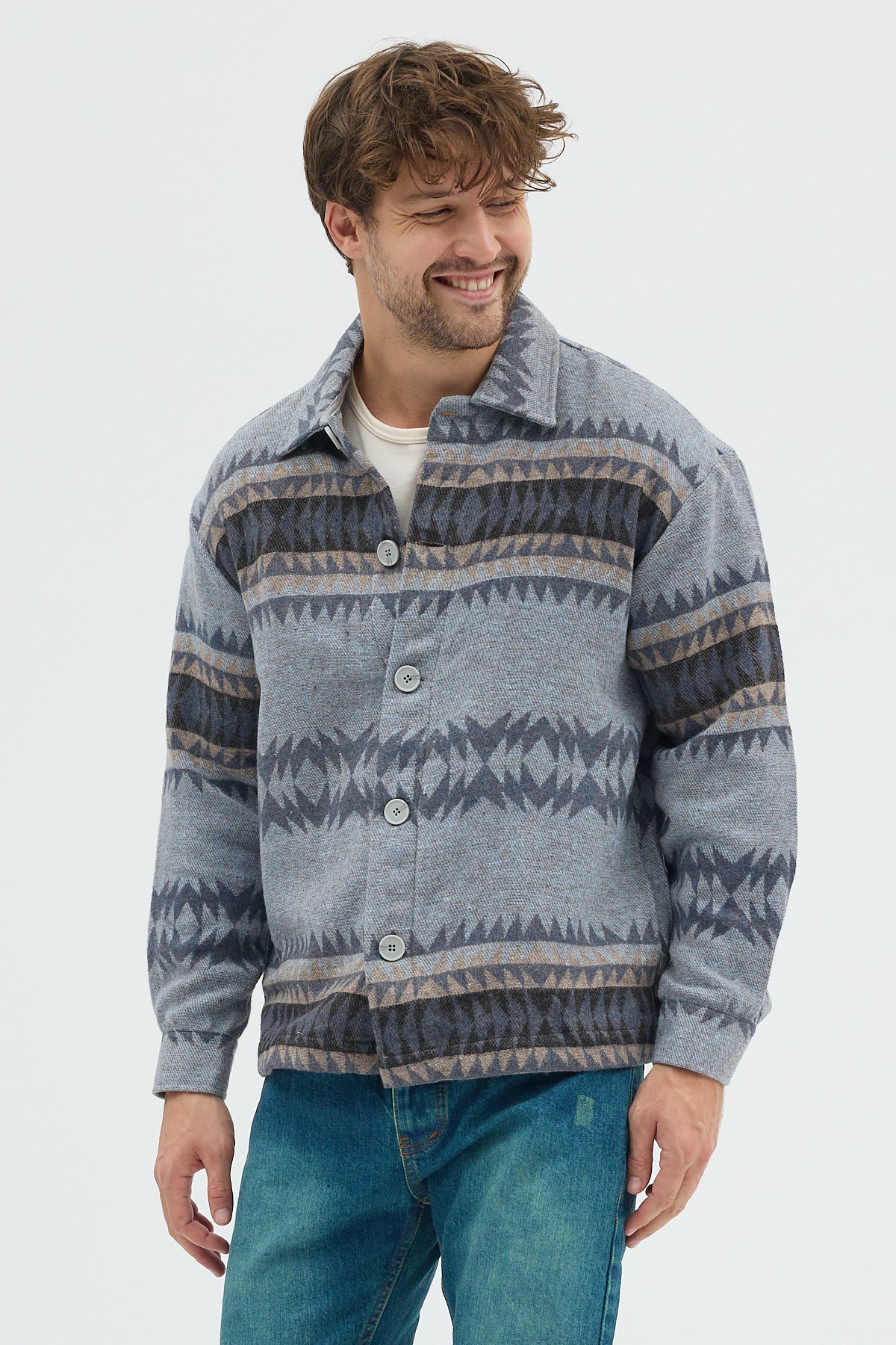 Steppe Rider Erkek Oversize Kalın Kışlık Etnik Kilim Desenli Ceket Gömlek Overshirt