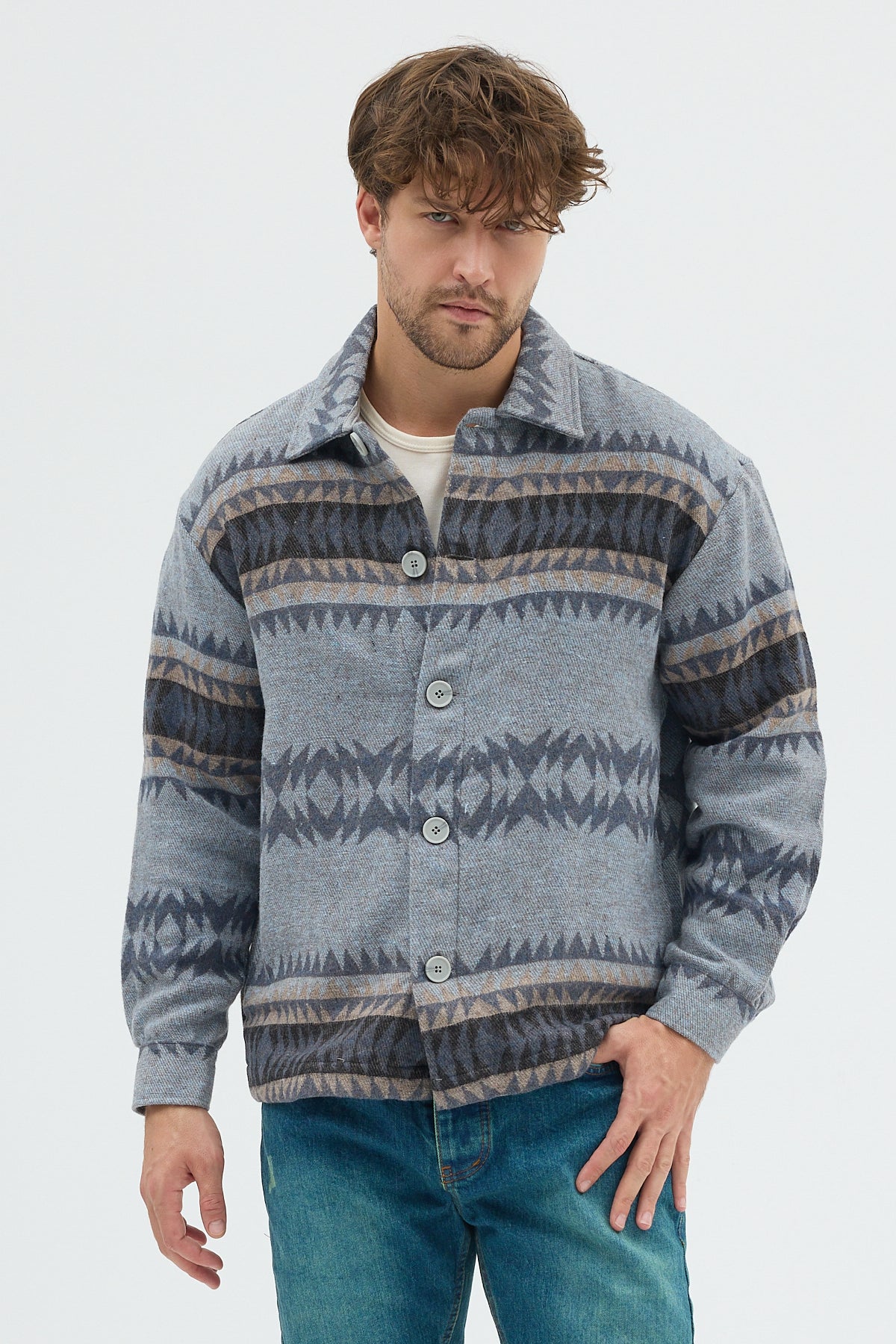 Steppe Rider Erkek Oversize Kalın Kışlık Etnik Kilim Desenli Ceket Gömlek Overshirt