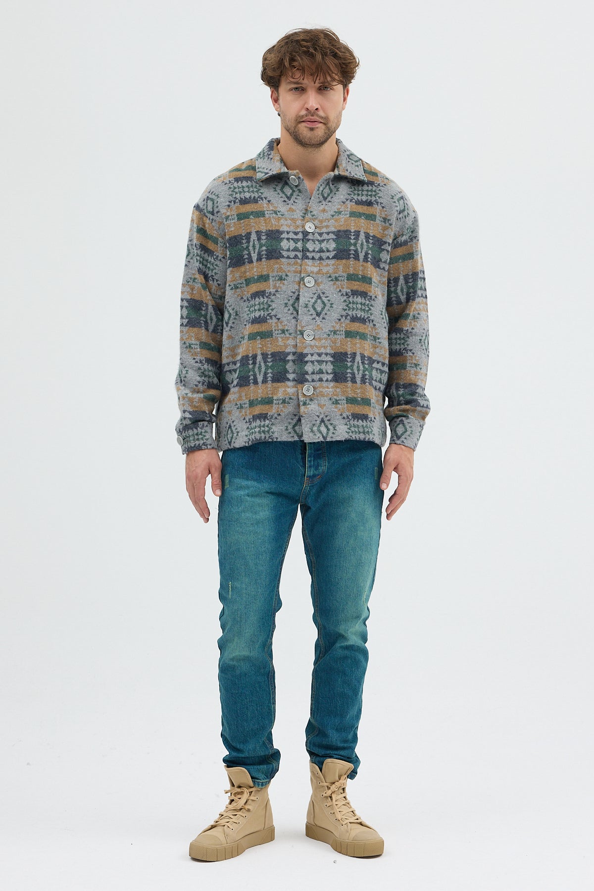 Steppe Rider Erkek Oversize Rahat Kesim Bej Etnik Kilim Desenli Kalın Ceket Gömlek Overshirt