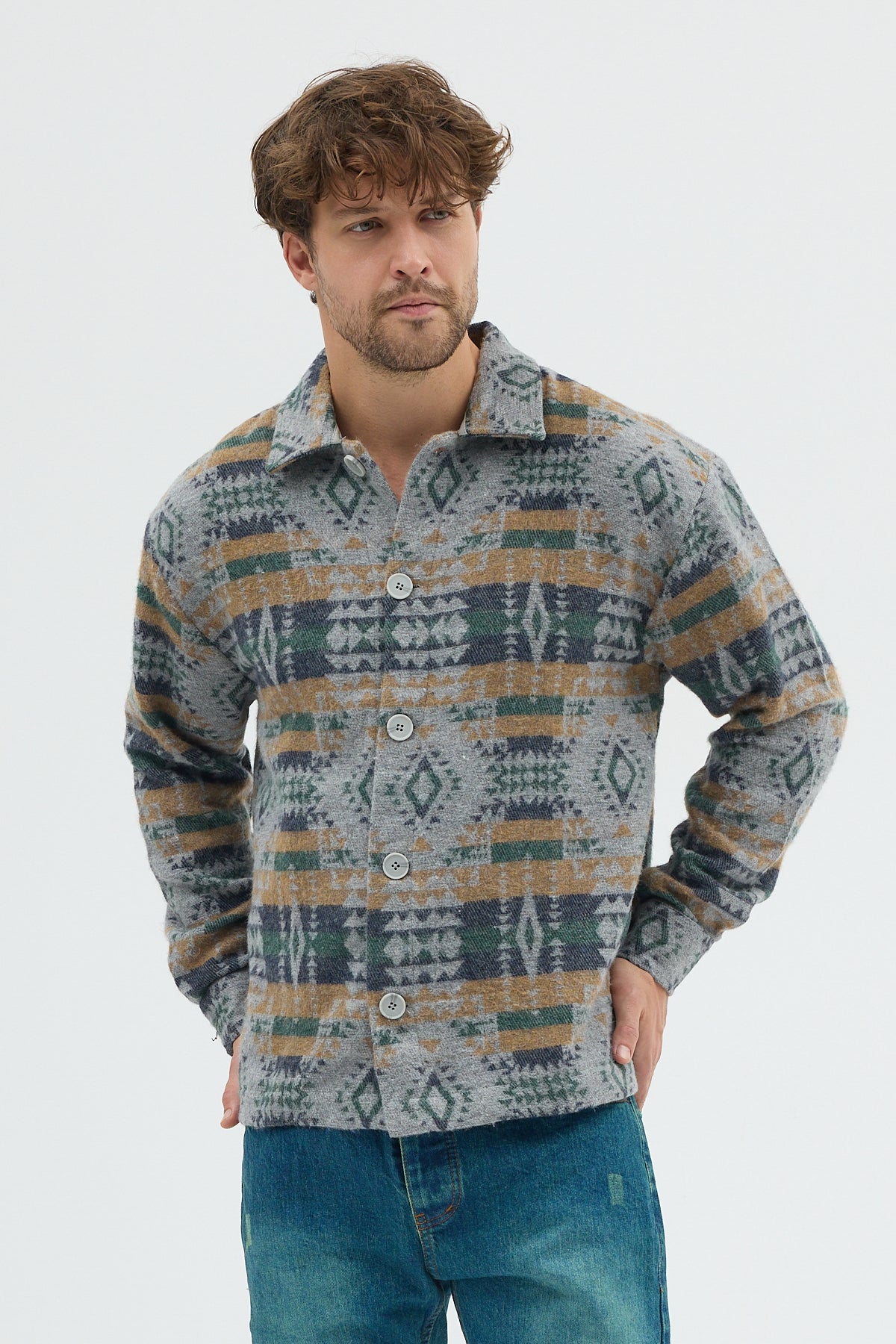 Steppe Rider Erkek Oversize Rahat Kesim Bej Etnik Kilim Desenli Kalın Ceket Gömlek Overshirt