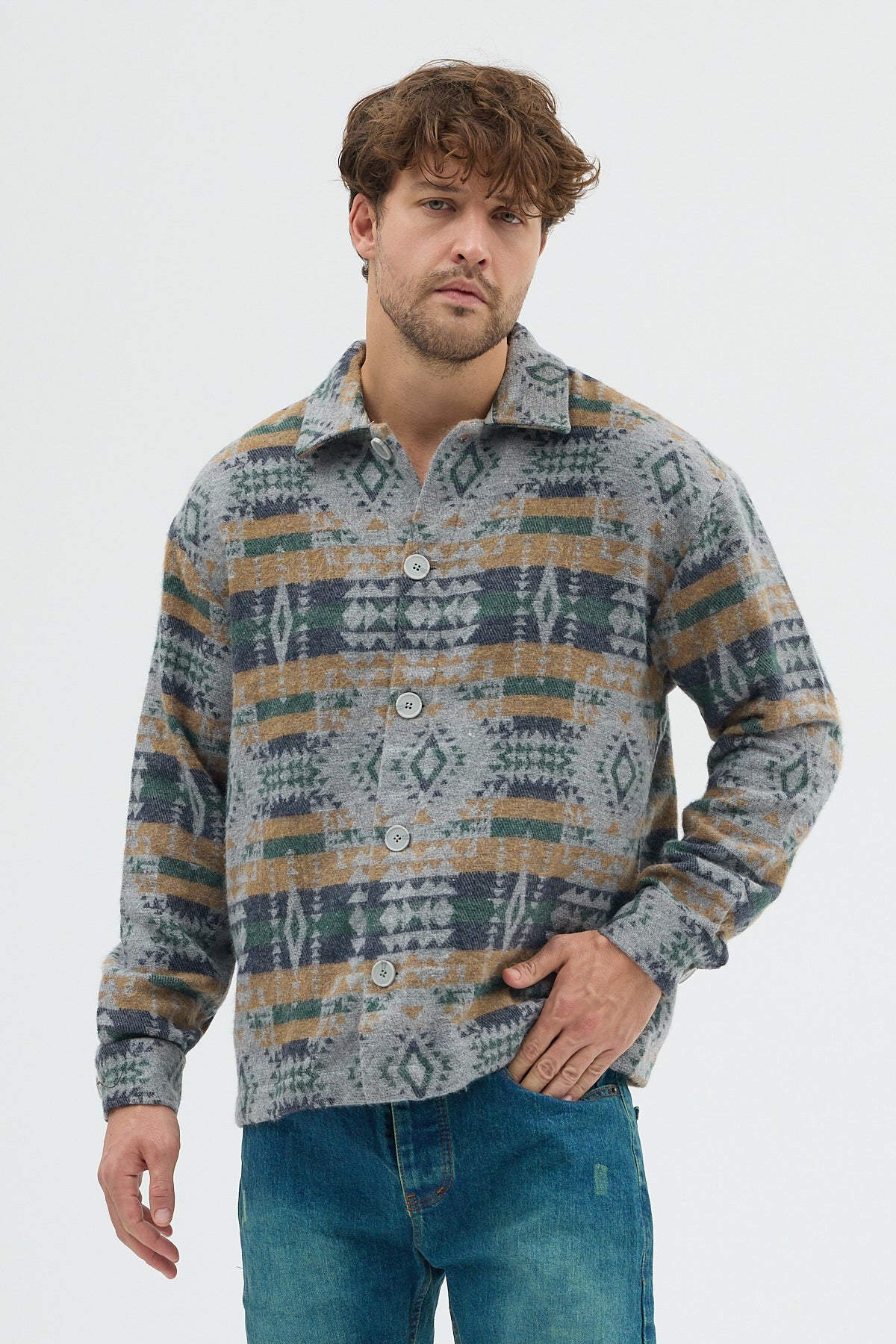 Steppe Rider Erkek Oversize Rahat Kesim Bej Etnik Kilim Desenli Kalın Ceket Gömlek Overshirt