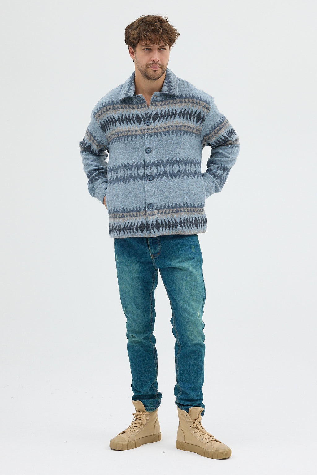 Steppe Rider Erkek Oversize Kalın Kışlık Etnik Kilim Desenli Ceket Gömlek Overshirt