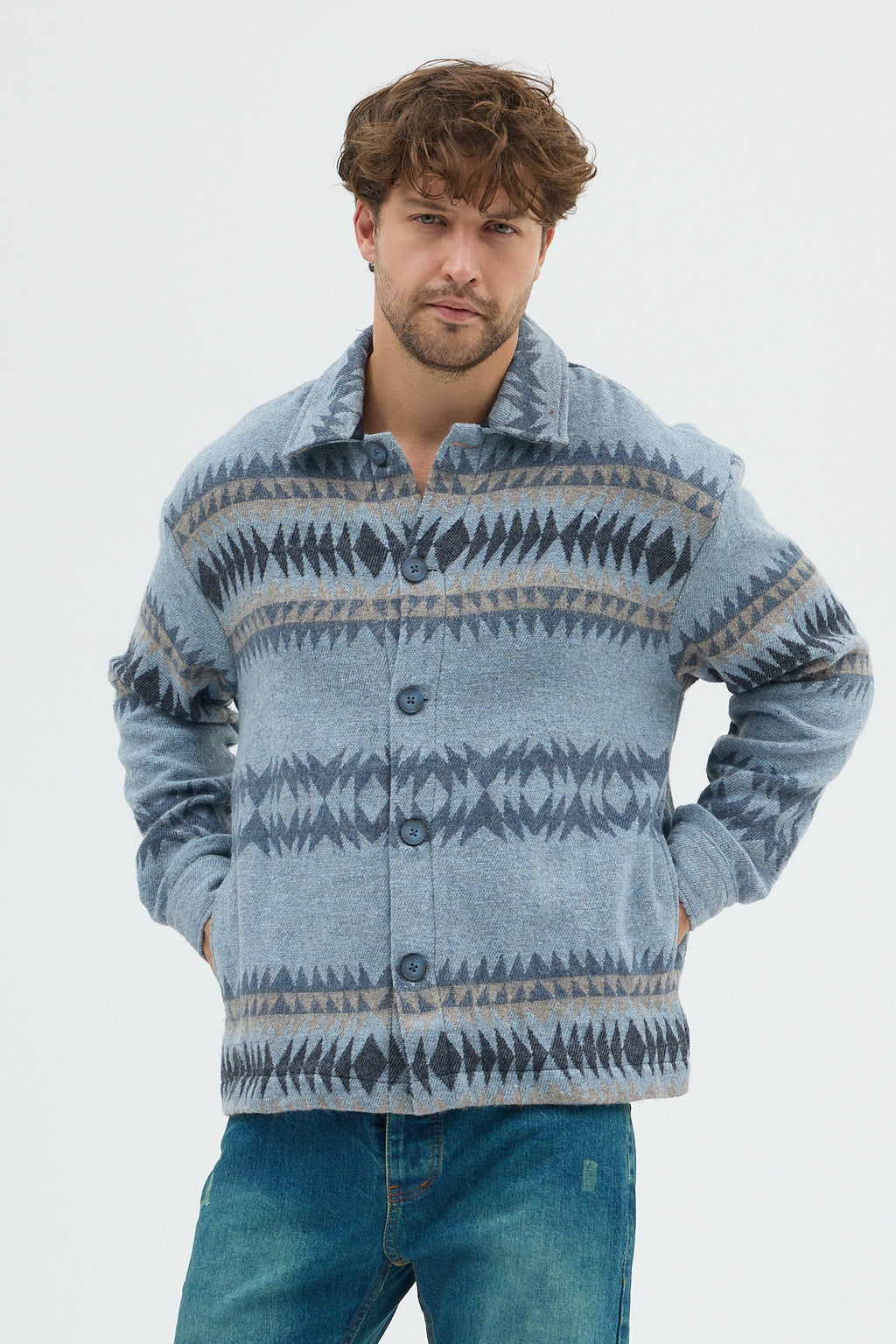 Steppe Rider Erkek Oversize Kalın Kışlık Etnik Kilim Desenli Ceket Gömlek Overshirt