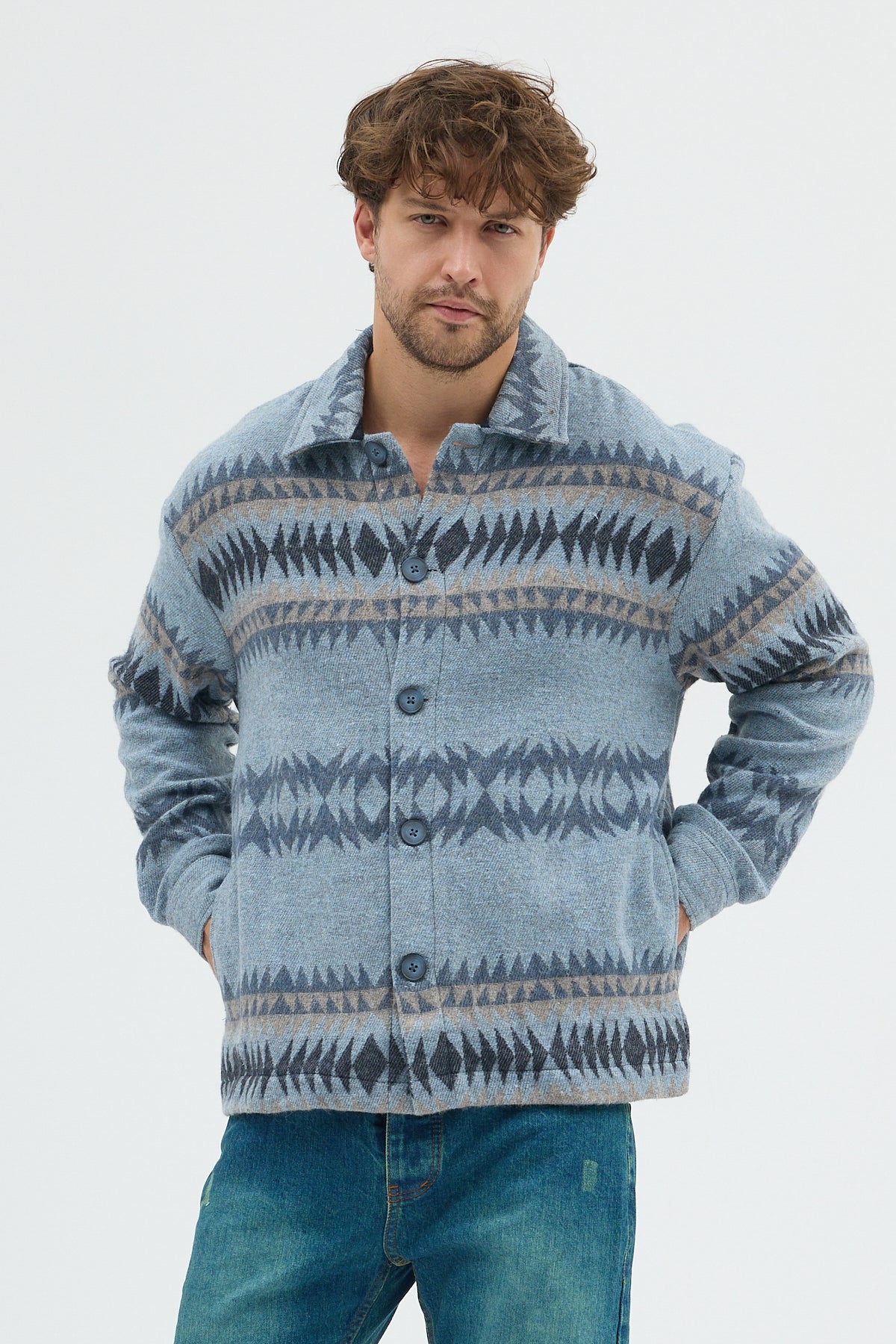 Steppe Rider Erkek Oversize Kalın Kışlık Etnik Kilim Desenli Ceket Gömlek Overshirt