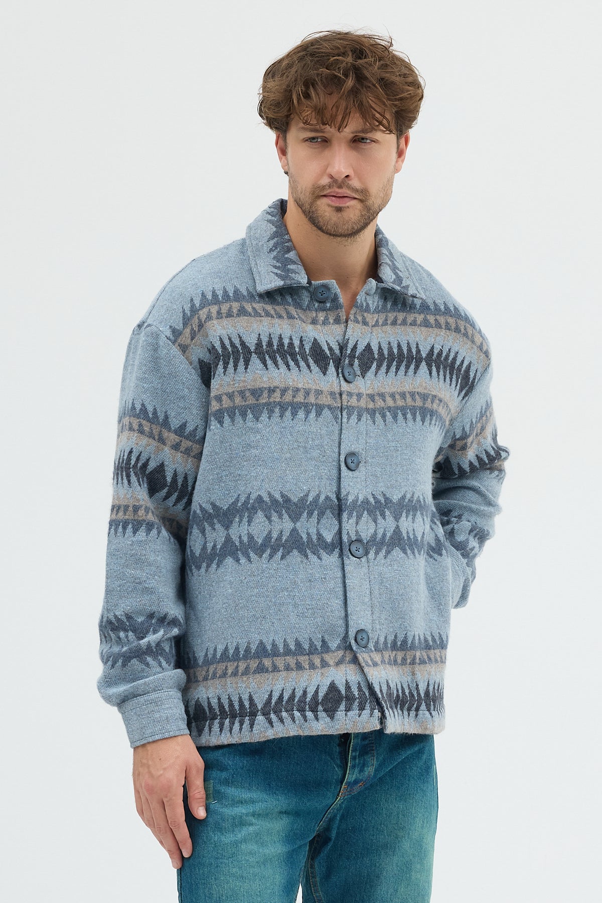 Steppe Rider Erkek Oversize Kalın Kışlık Etnik Kilim Desenli Ceket Gömlek Overshirt