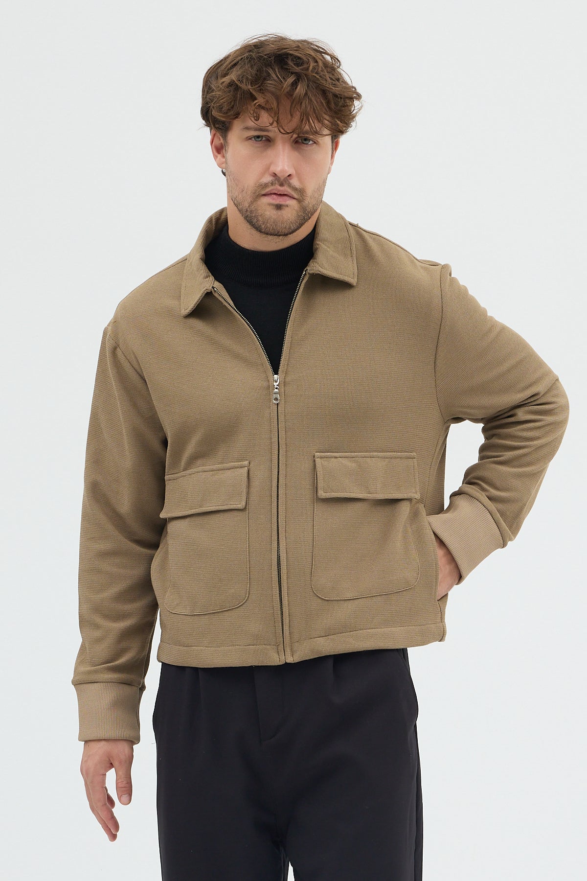 Steppe Rider Erkek Örme (Knit) Fermuarlı Çift Cep Detaylı Boxy Fit Overshirt Ceket Gömlek