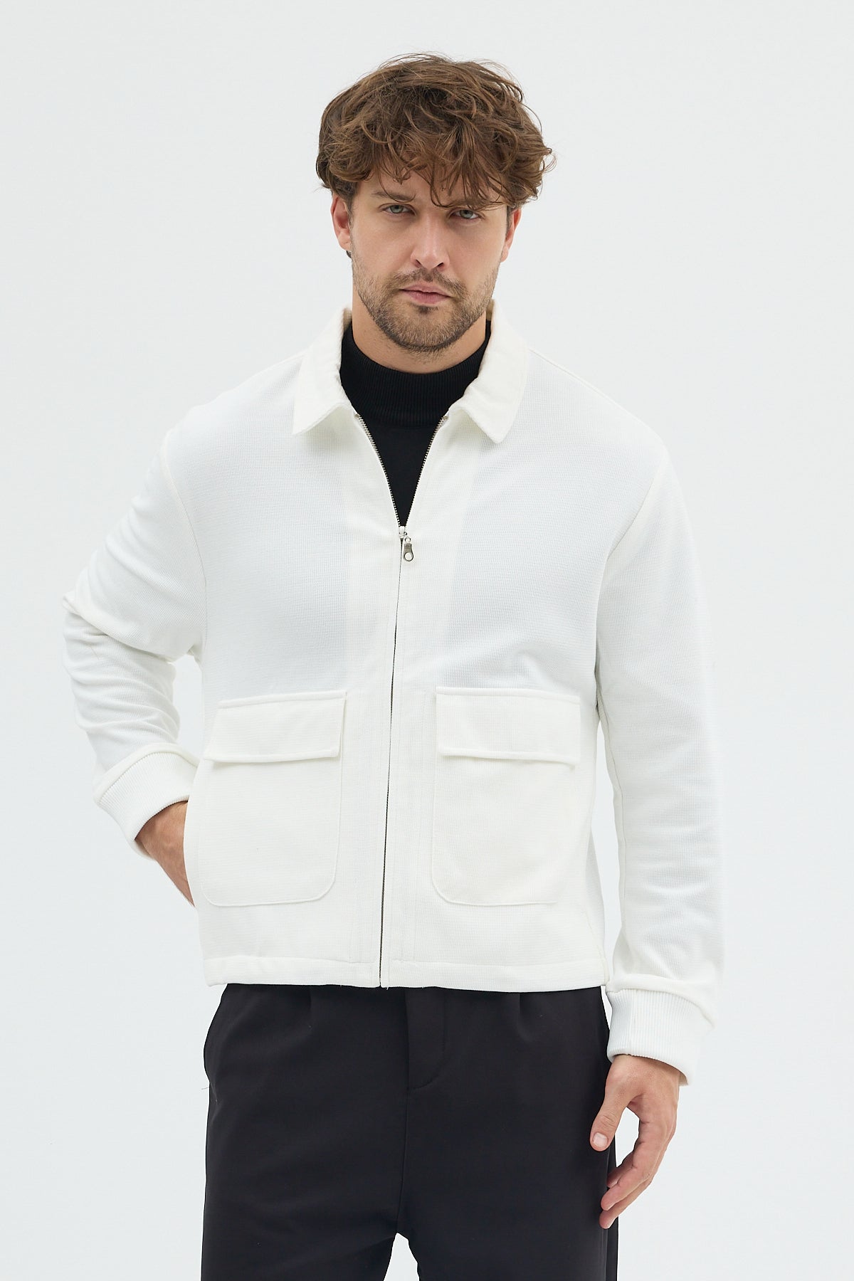 Steppe Rider Erkek Örme (Knit) Fermuarlı Çift Cep Detaylı Boxy Fit Overshirt Ceket Gömlek