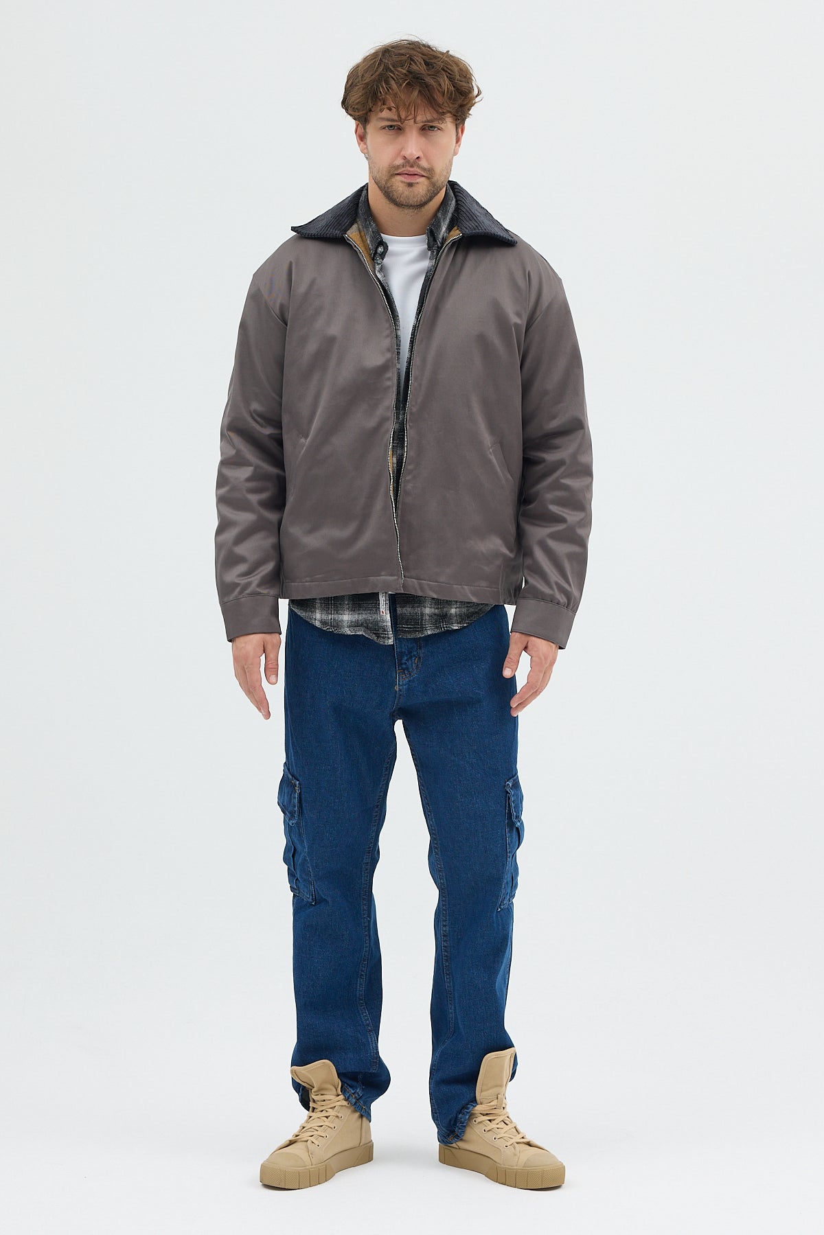 Erkek Kadife Yakalı Gabardin Ceket Mont | Regular Fit Casual Dış Giyim