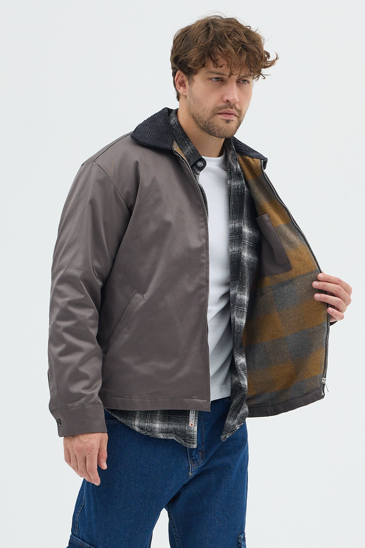 Erkek Kadife Yakalı Gabardin Ceket Mont | Regular Fit Casual Dış Giyim