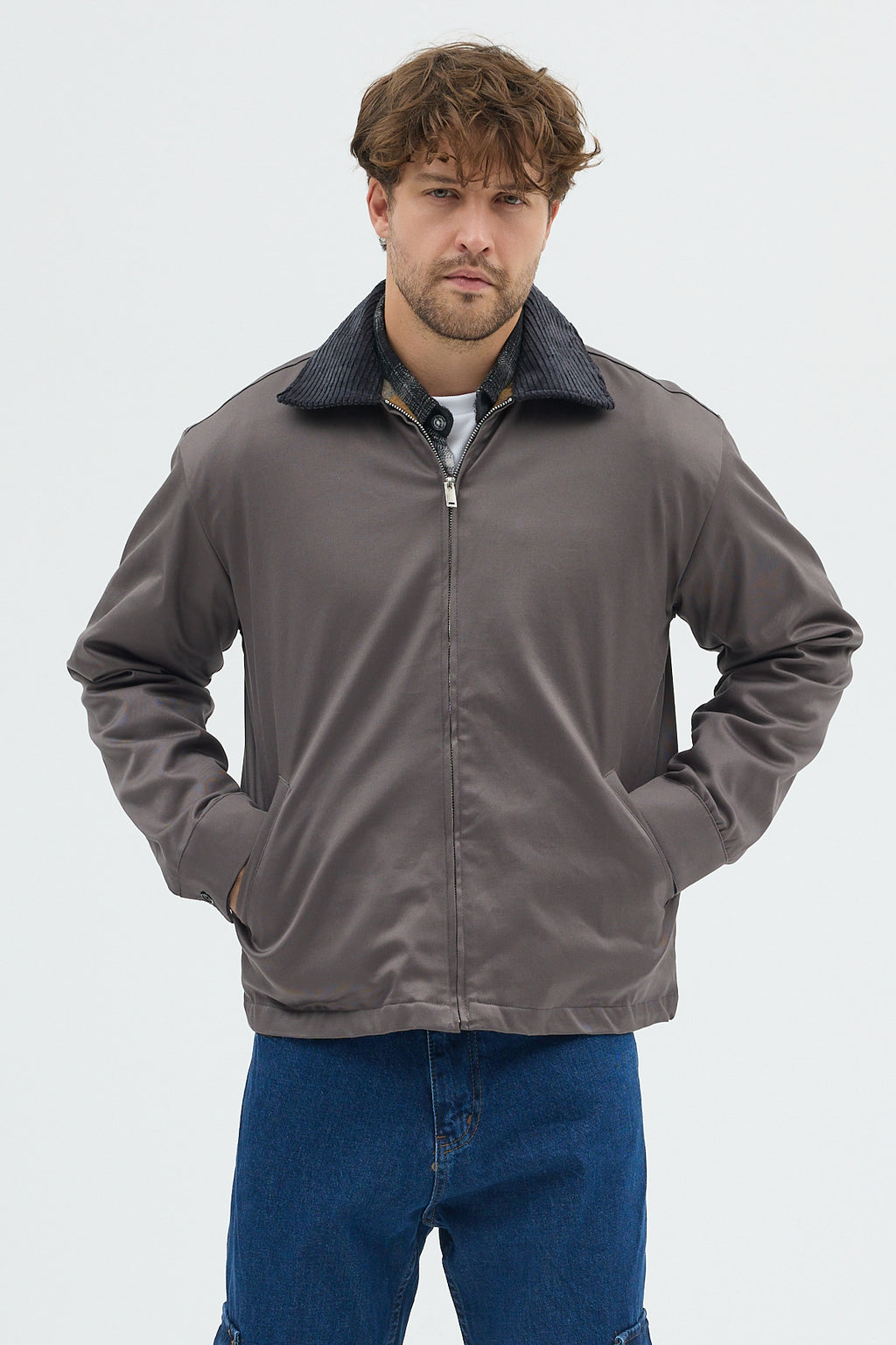 Erkek Kadife Yakalı Gabardin Ceket Mont | Regular Fit Casual Dış Giyim