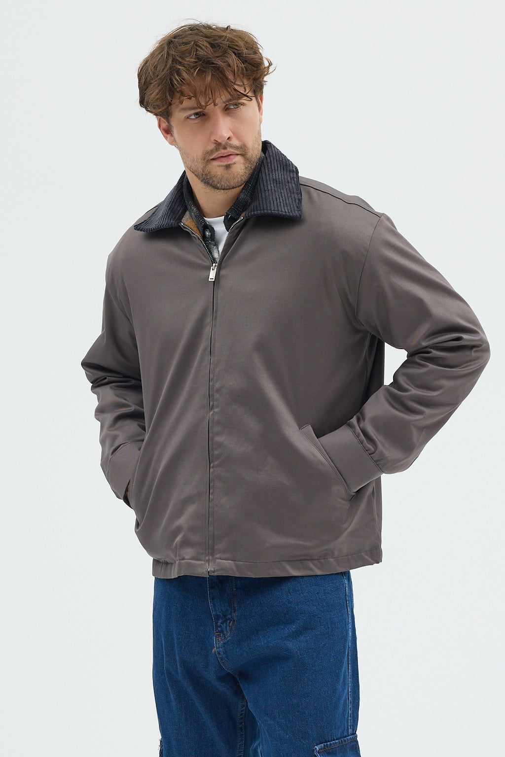 Erkek Kadife Yakalı Gabardin Ceket Mont | Regular Fit Casual Dış Giyim