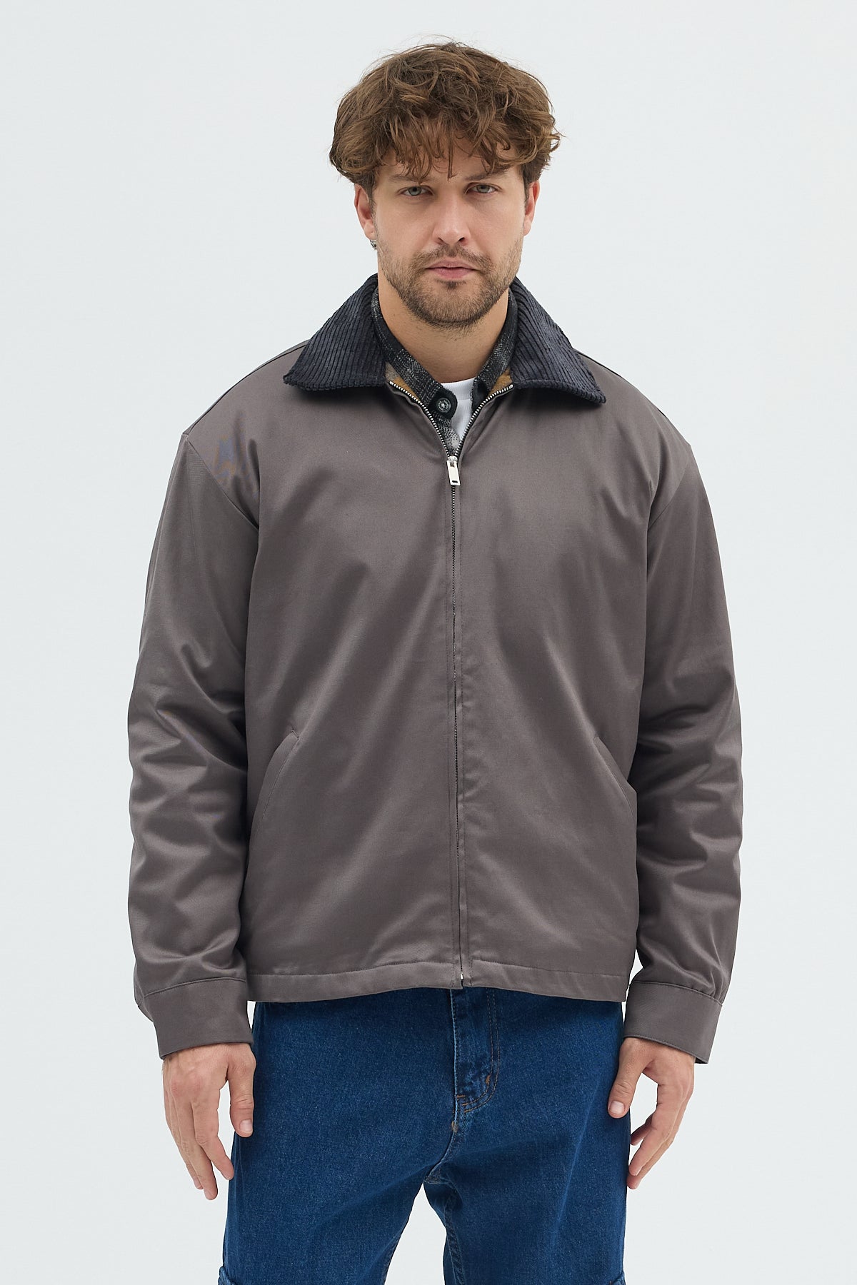 Erkek Kadife Yakalı Gabardin Ceket Mont | Regular Fit Casual Dış Giyim