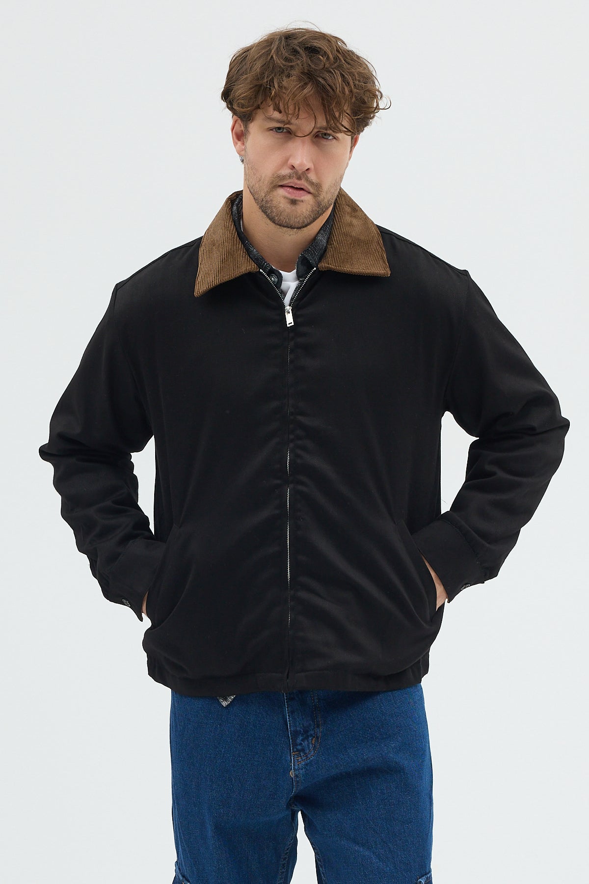 Erkek Kadife Yakalı Gabardin Ceket Mont | Regular Fit Casual Dış Giyim