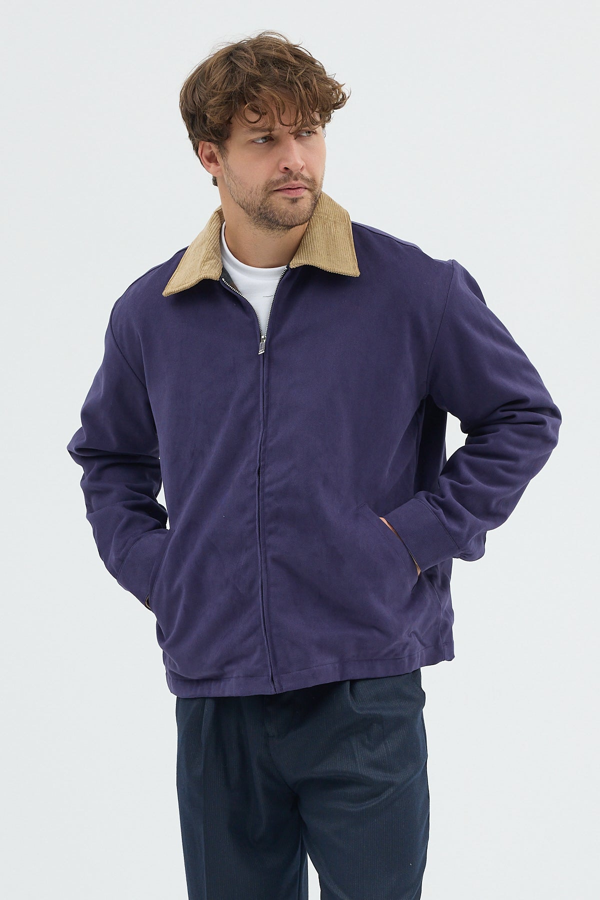 Erkek Kadife Yakalı Gabardin Ceket Mont | Regular Fit Casual Dış Giyim